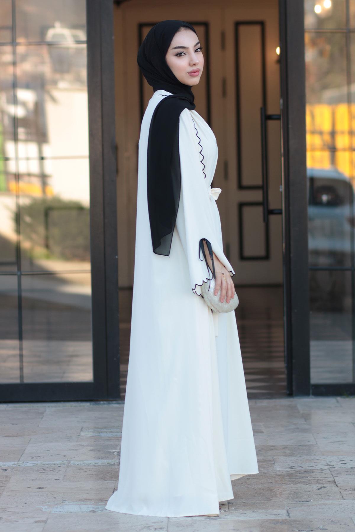 Premium Lazer Kesim Detaylı Aura İkili Abaya Takım — Beyaz