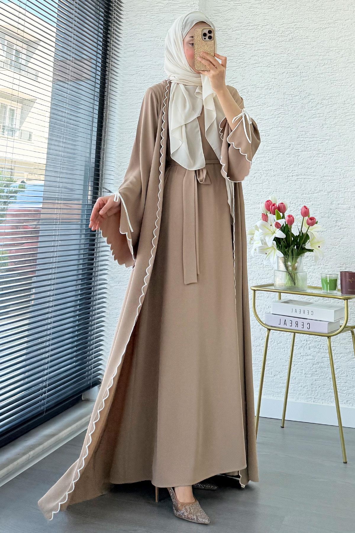 Premium Lazer Kesim Detaylı Aura İkili Abaya Takım — Vizon