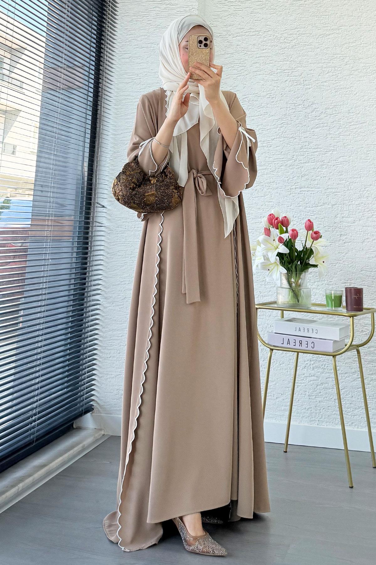 Premium Lazer Kesim Detaylı Aura İkili Abaya Takım — Vizon