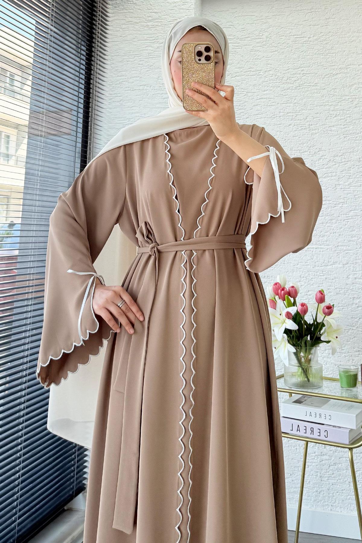 Premium Lazer Kesim Detaylı Aura İkili Abaya Takım — Vizon