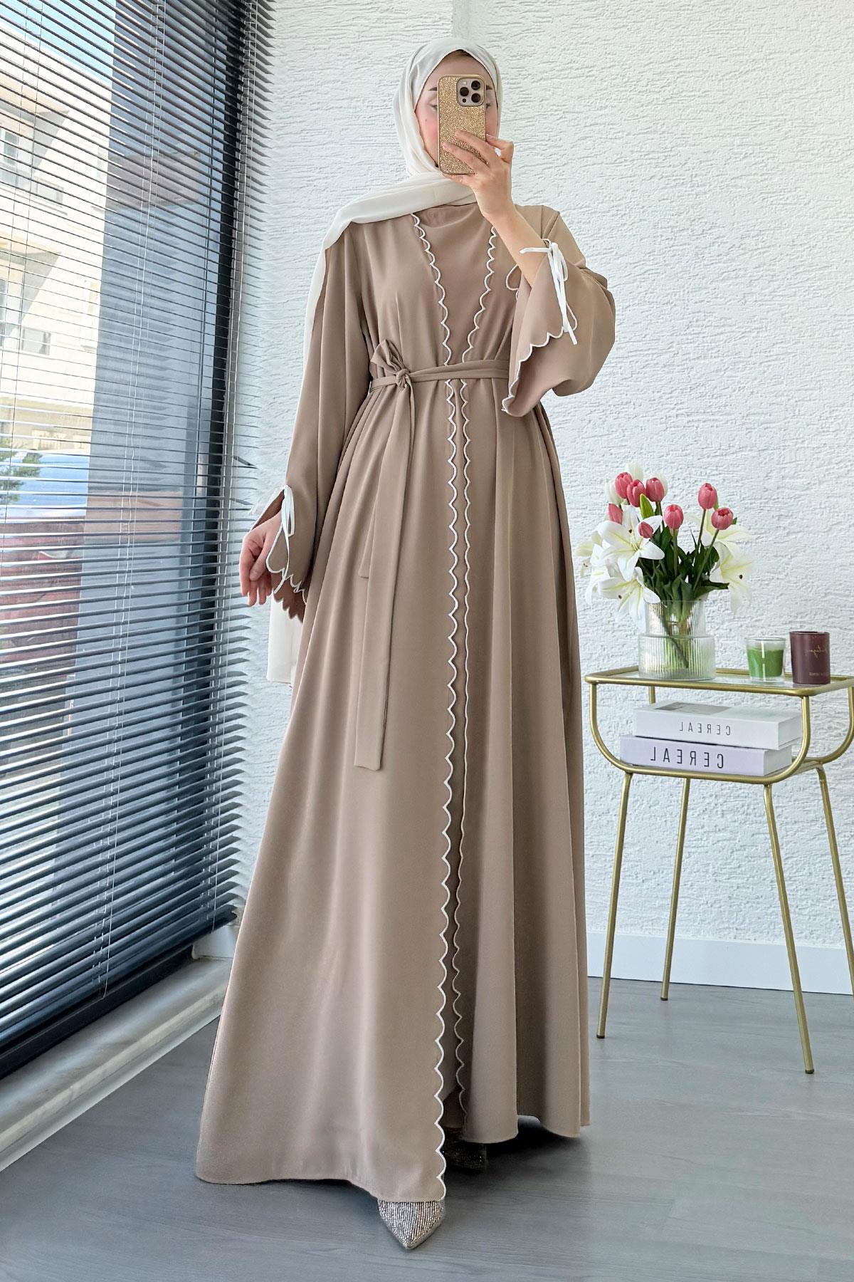 Premium Lazer Kesim Detaylı Aura İkili Abaya Takım — Vizon