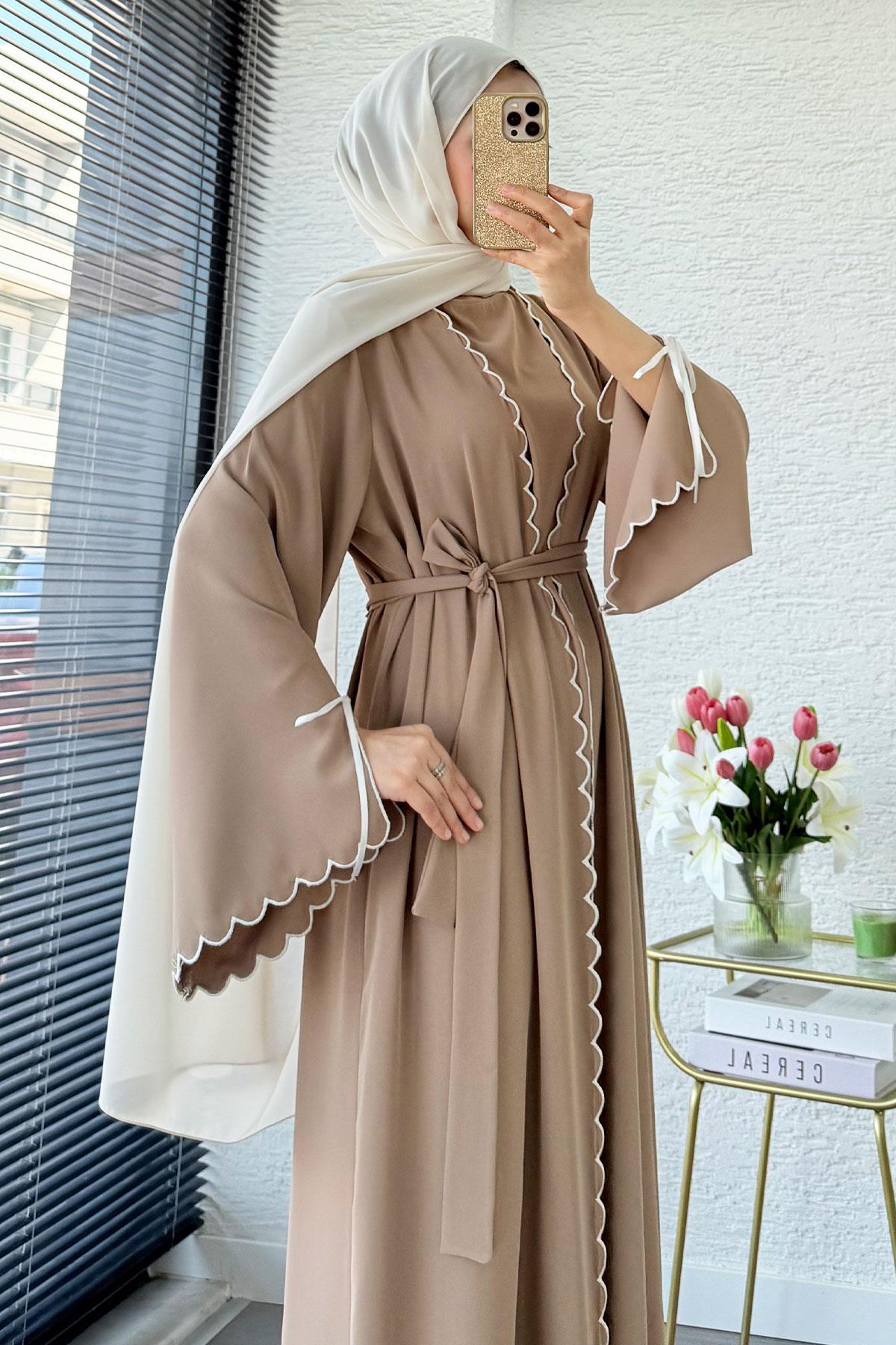 Premium Lazer Kesim Detaylı Aura İkili Abaya Takım — Vizon
