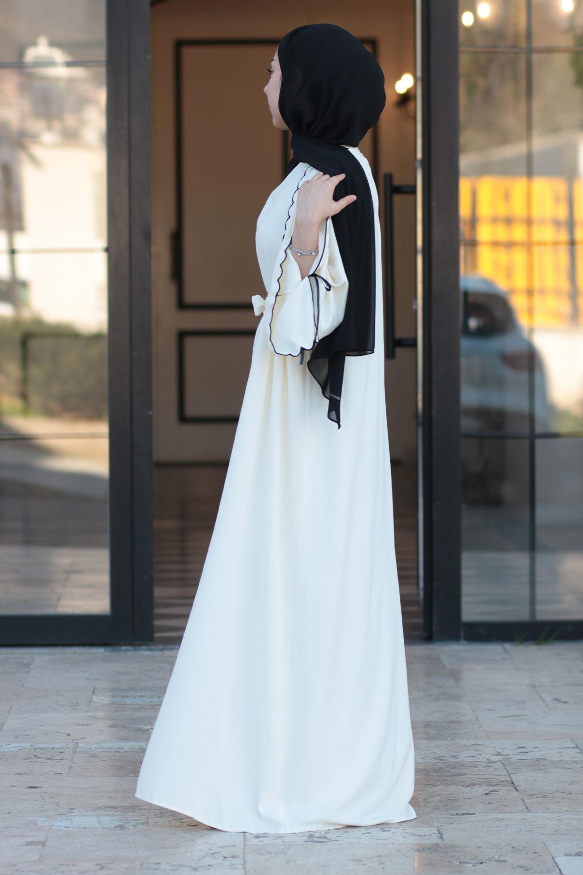 Premium Lazer Kesim Detaylı Aura İkili Abaya Takım — Beyaz