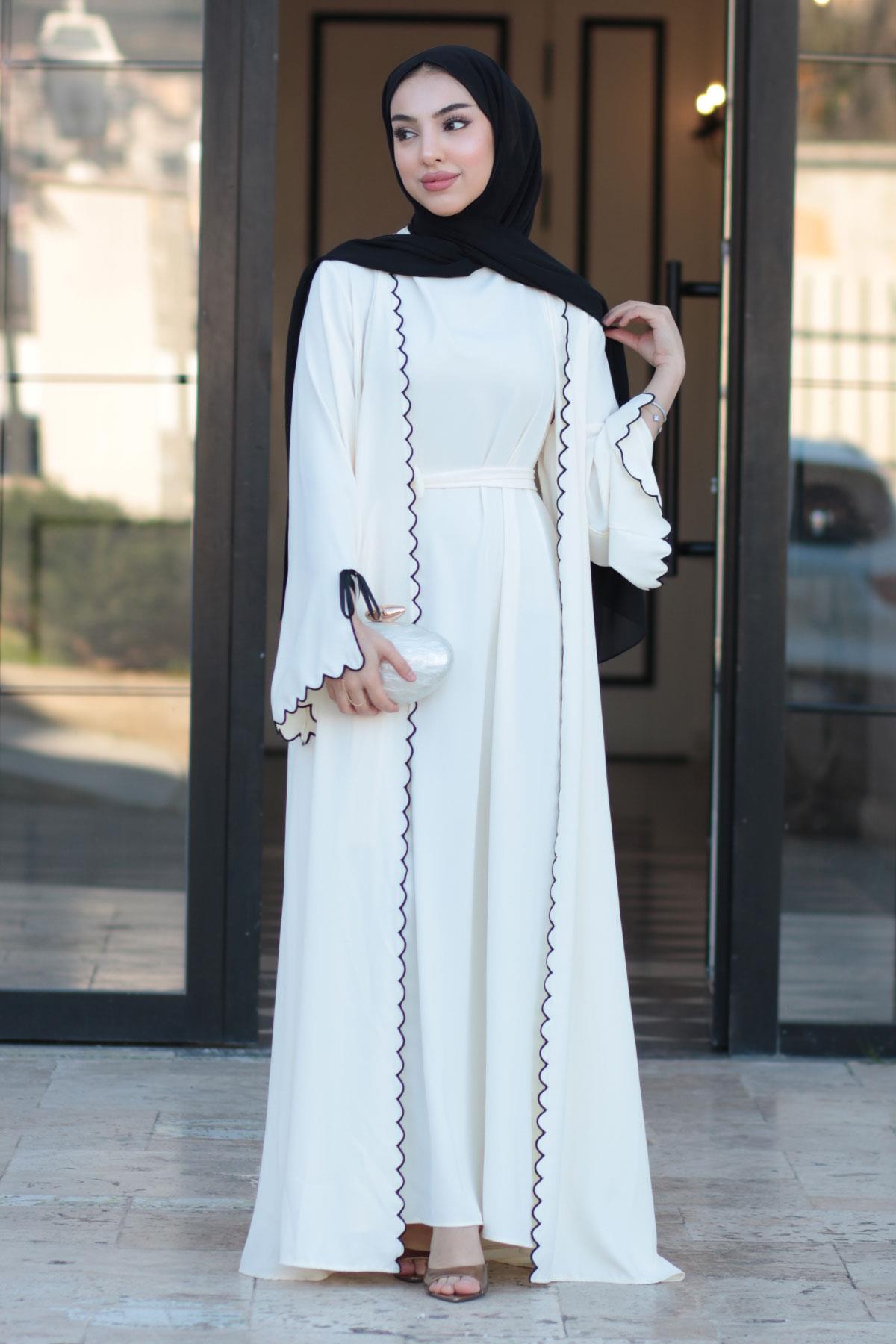 Premium Lazer Kesim Detaylı Aura İkili Abaya Takım — Beyaz