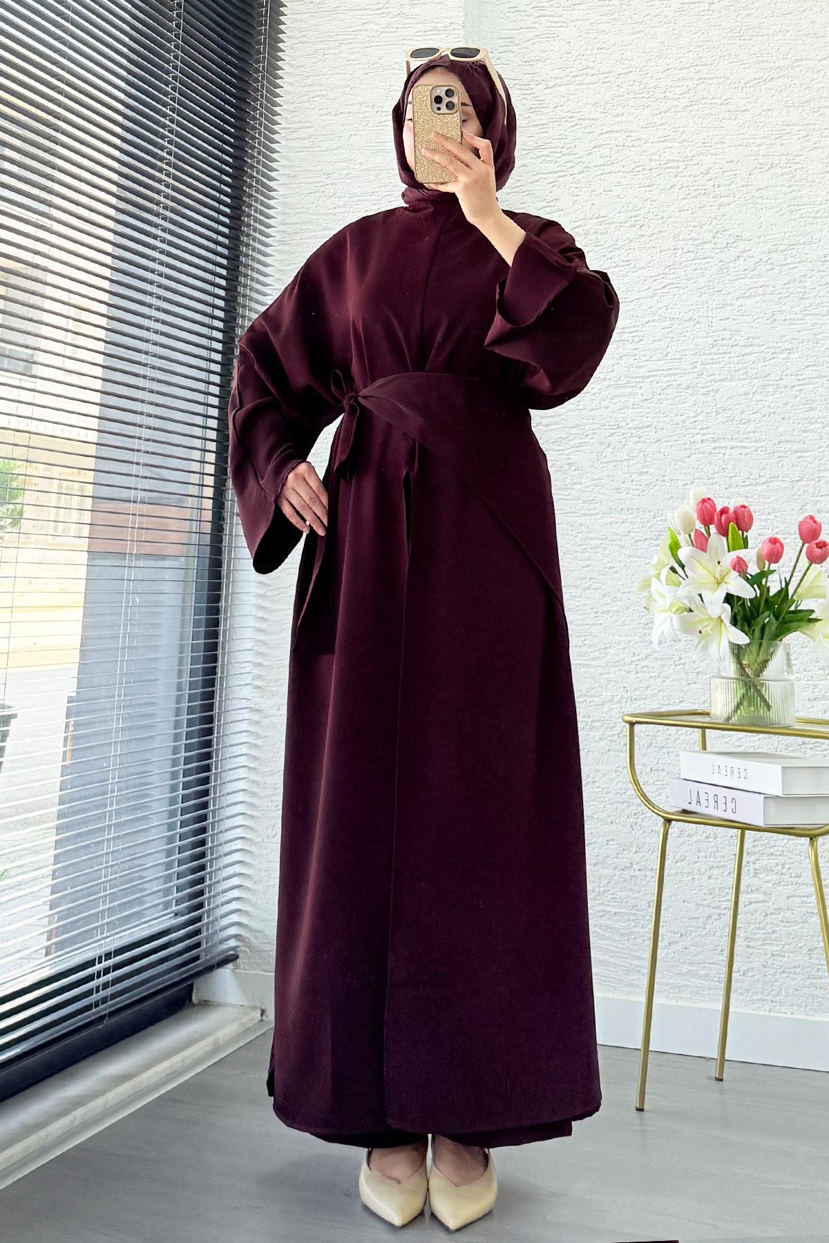 Premium Miel Yırtmaçlı Üçlü Takım – Mürdüm