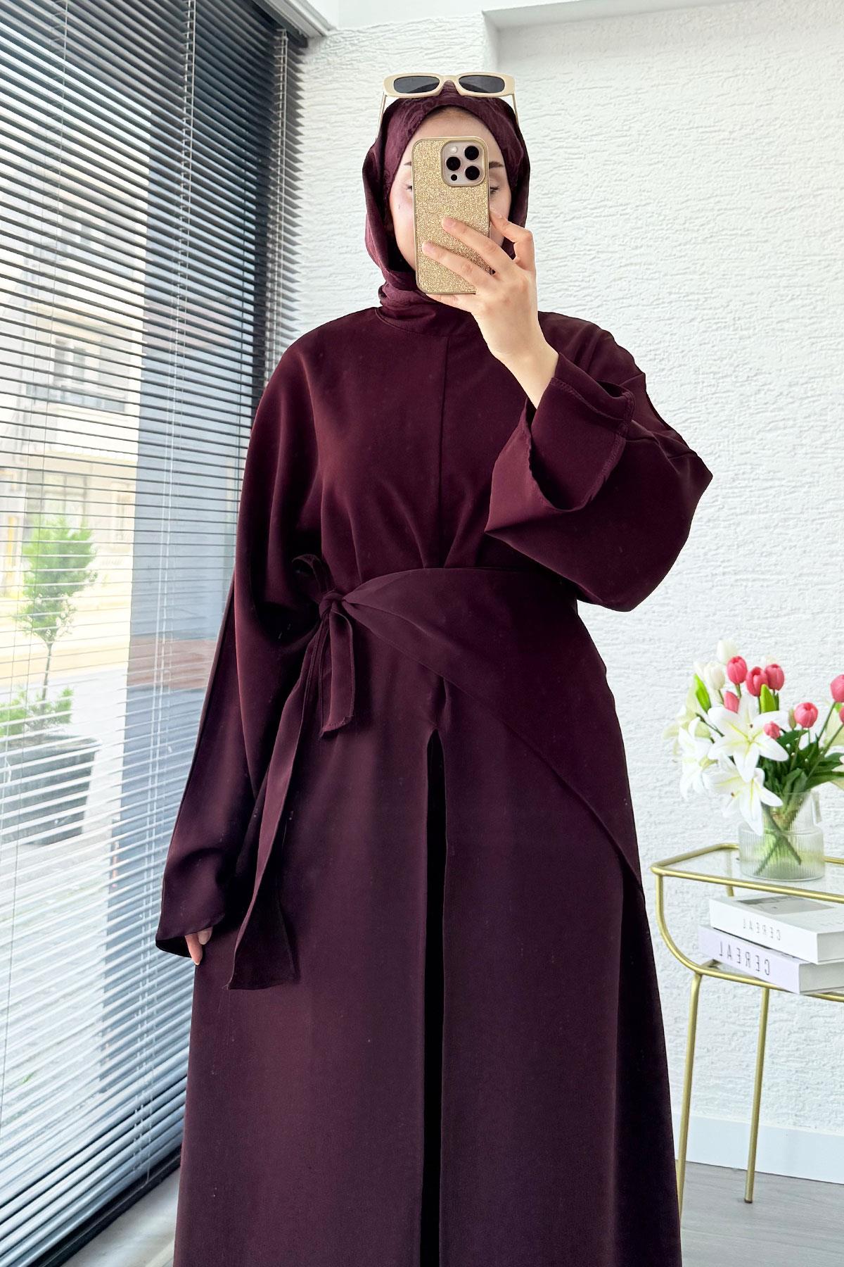 Premium Miel Yırtmaçlı Üçlü Takım – Mürdüm
