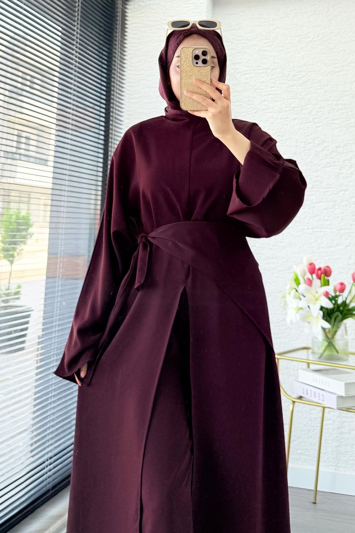 Premium Miel Yırtmaçlı Üçlü Takım – Mürdüm