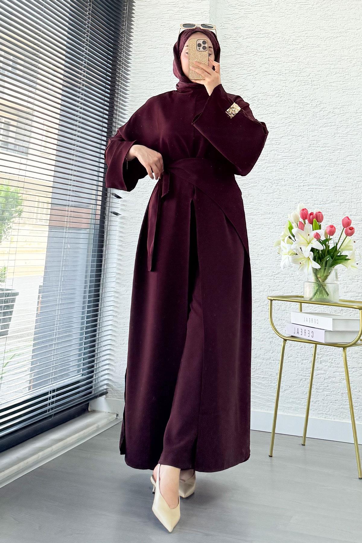 Premium Miel Yırtmaçlı Üçlü Takım – Mürdüm