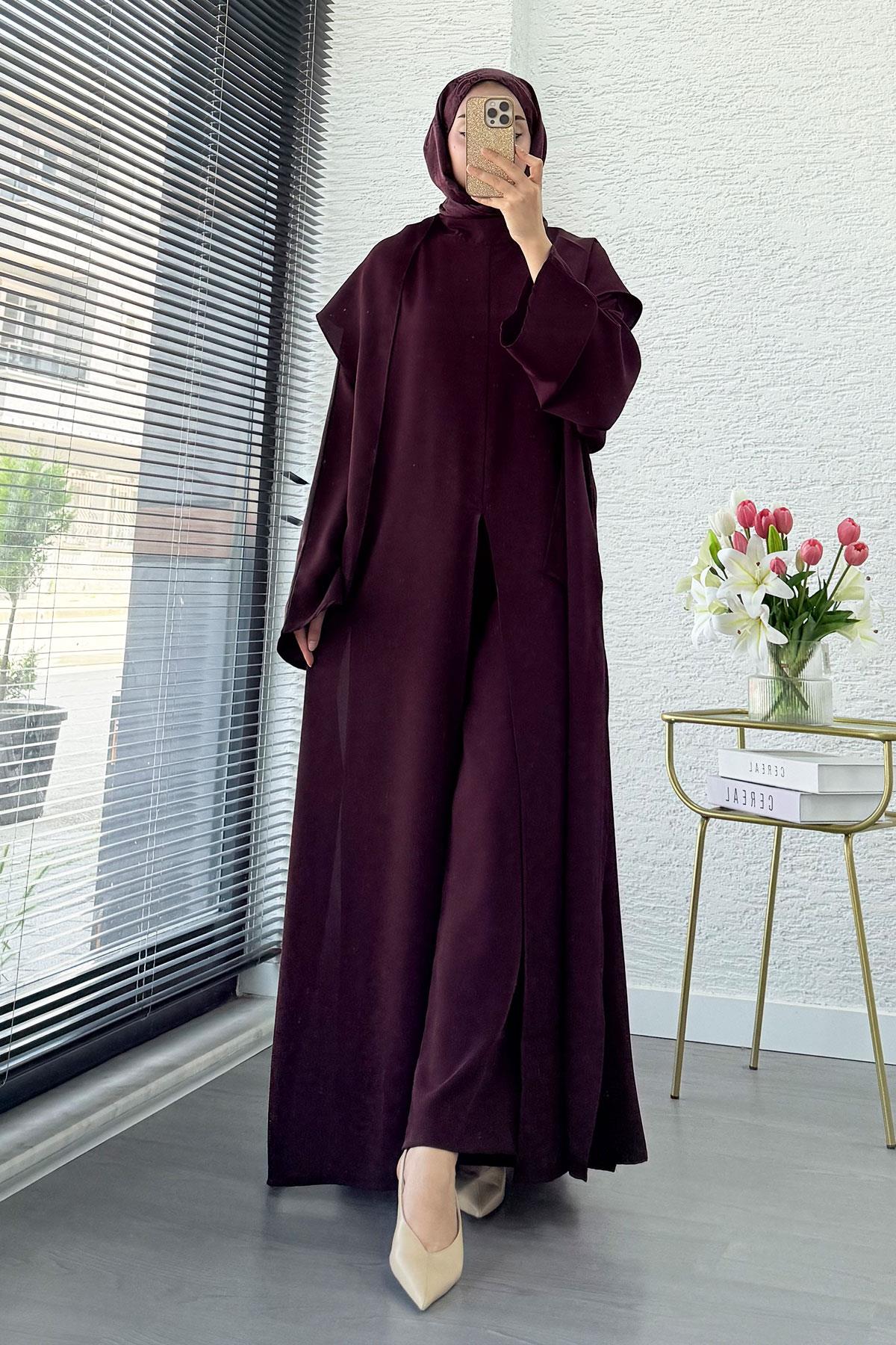 Premium Miel Yırtmaçlı Üçlü Takım – Mürdüm