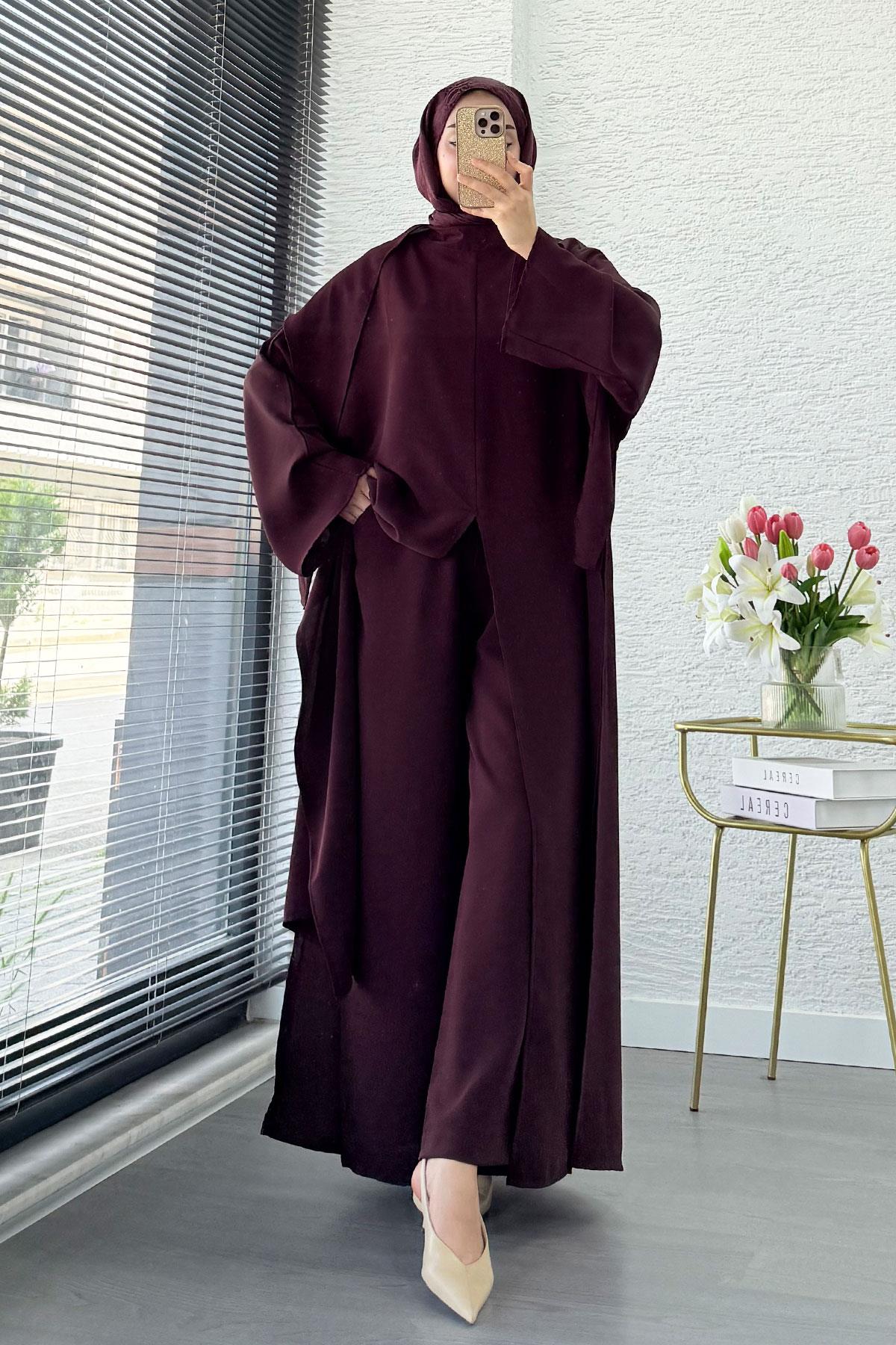 Premium Miel Yırtmaçlı Üçlü Takım – Mürdüm