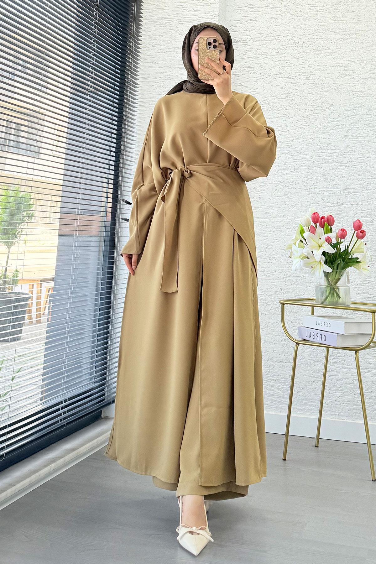 Premium Miel Yırtmaçlı Üçlü Takım – Olive