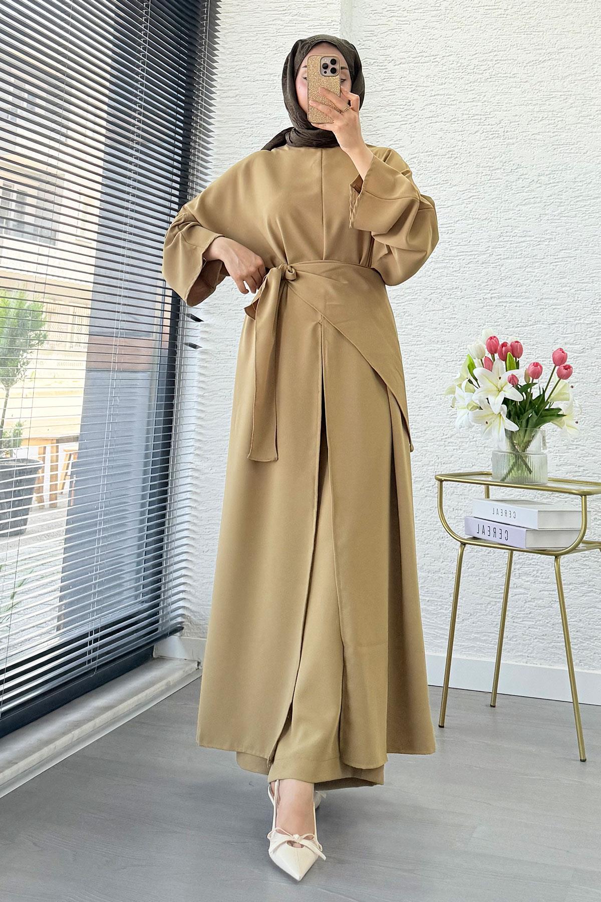 Premium Miel Yırtmaçlı Üçlü Takım – Olive