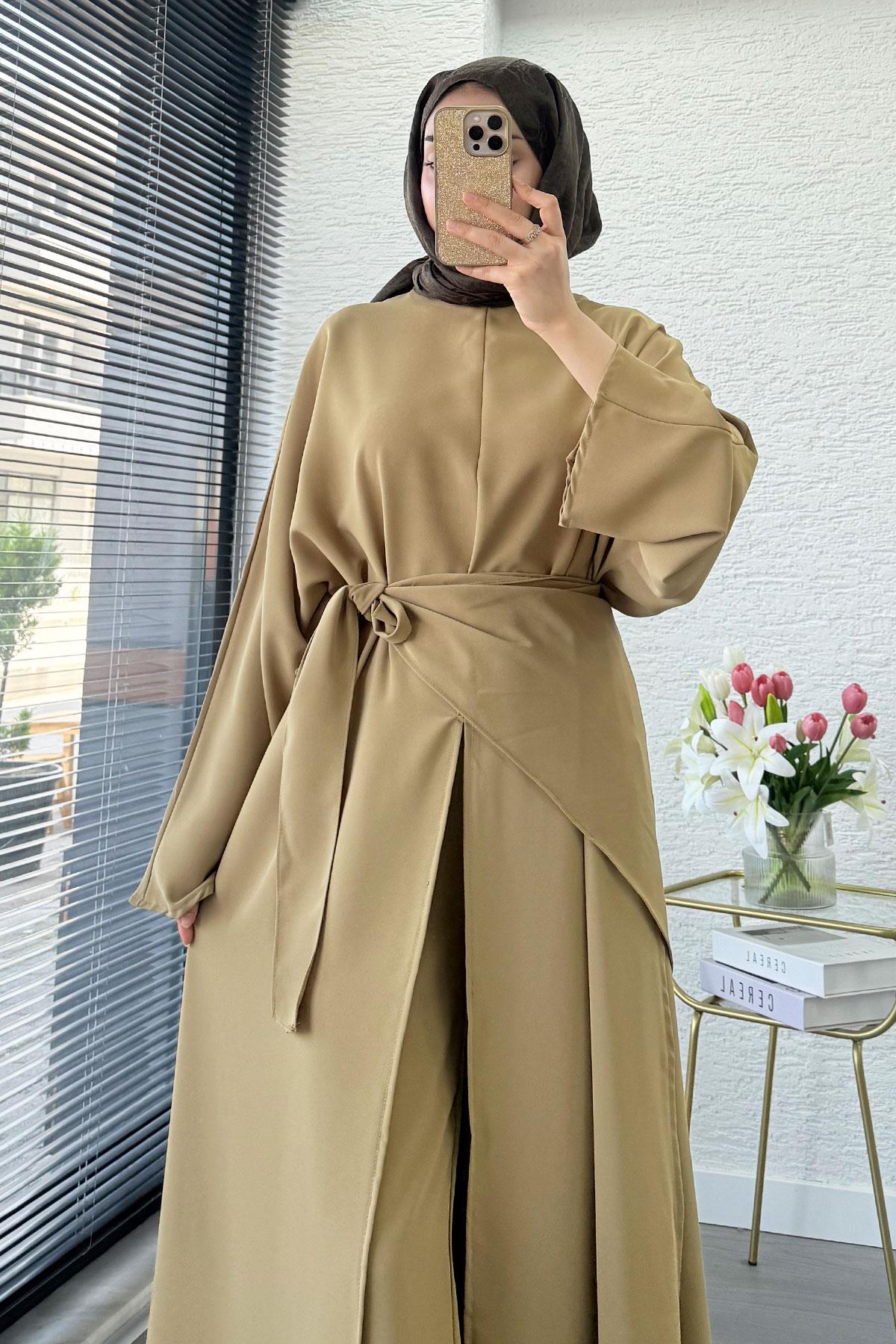 Premium Miel Yırtmaçlı Üçlü Takım – Olive