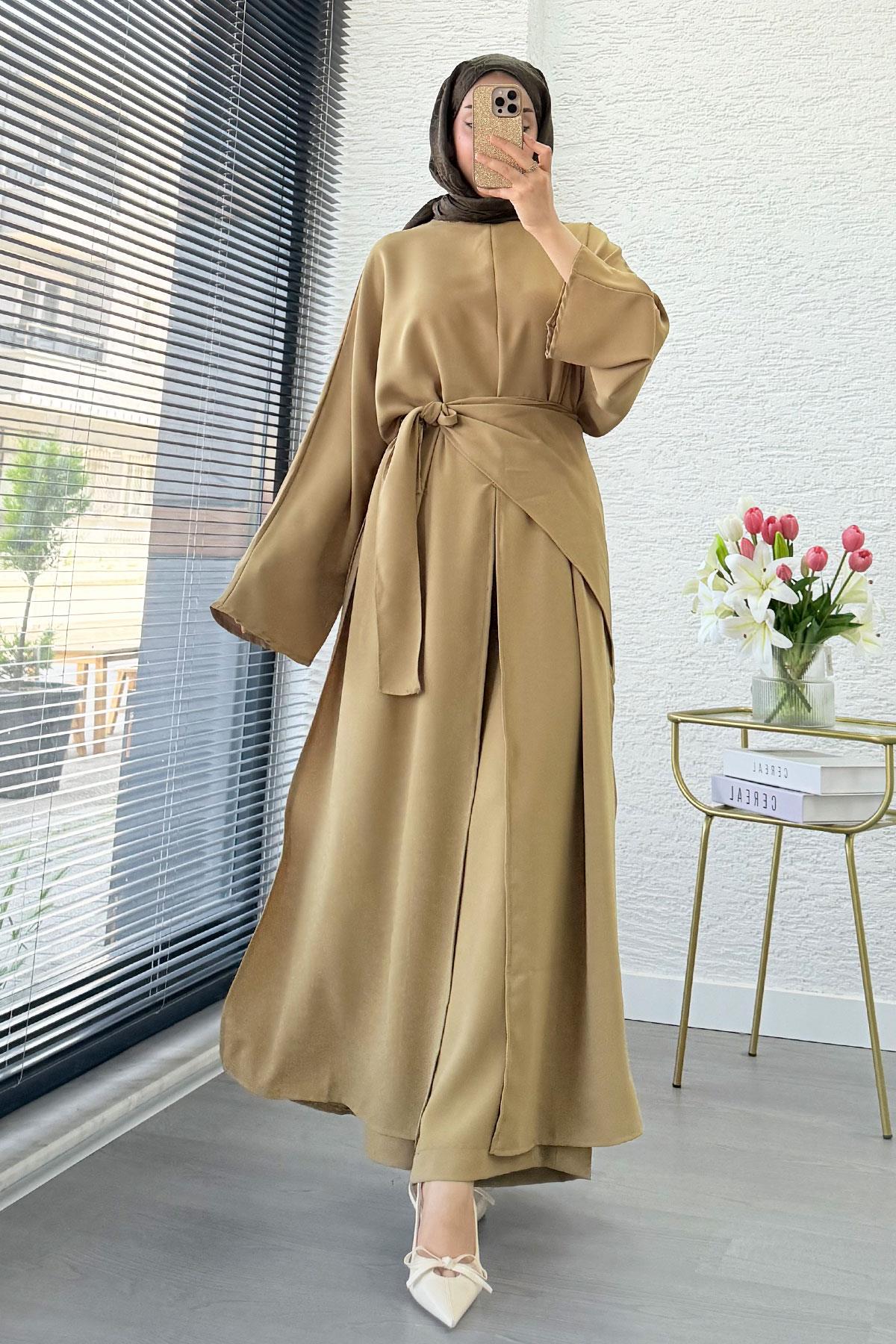 Premium Miel Yırtmaçlı Üçlü Takım – Olive