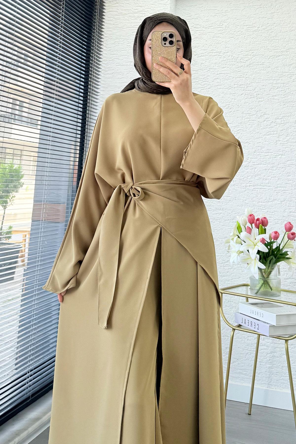 Premium Miel Yırtmaçlı Üçlü Takım – Olive