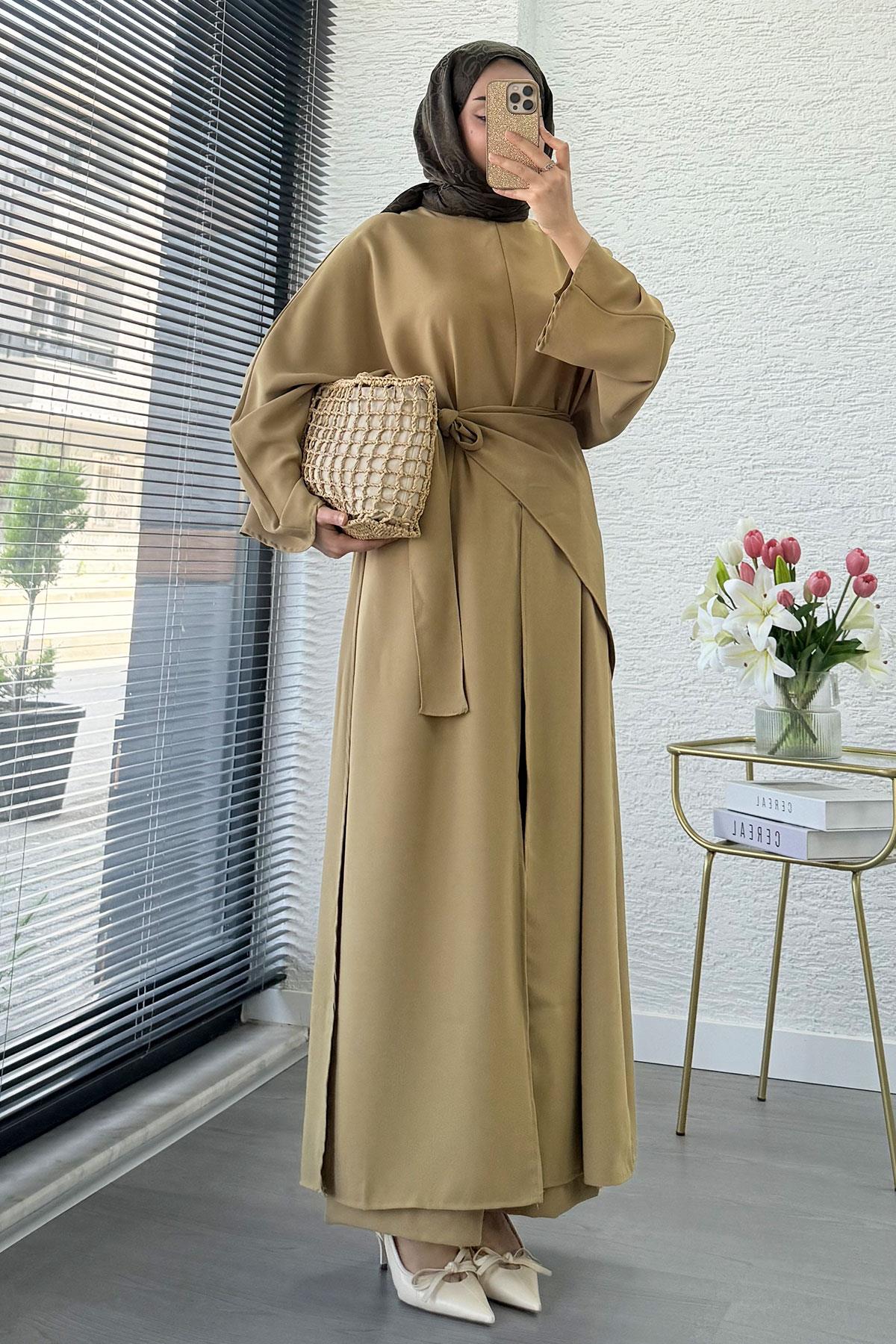 Premium Miel Yırtmaçlı Üçlü Takım – Olive
