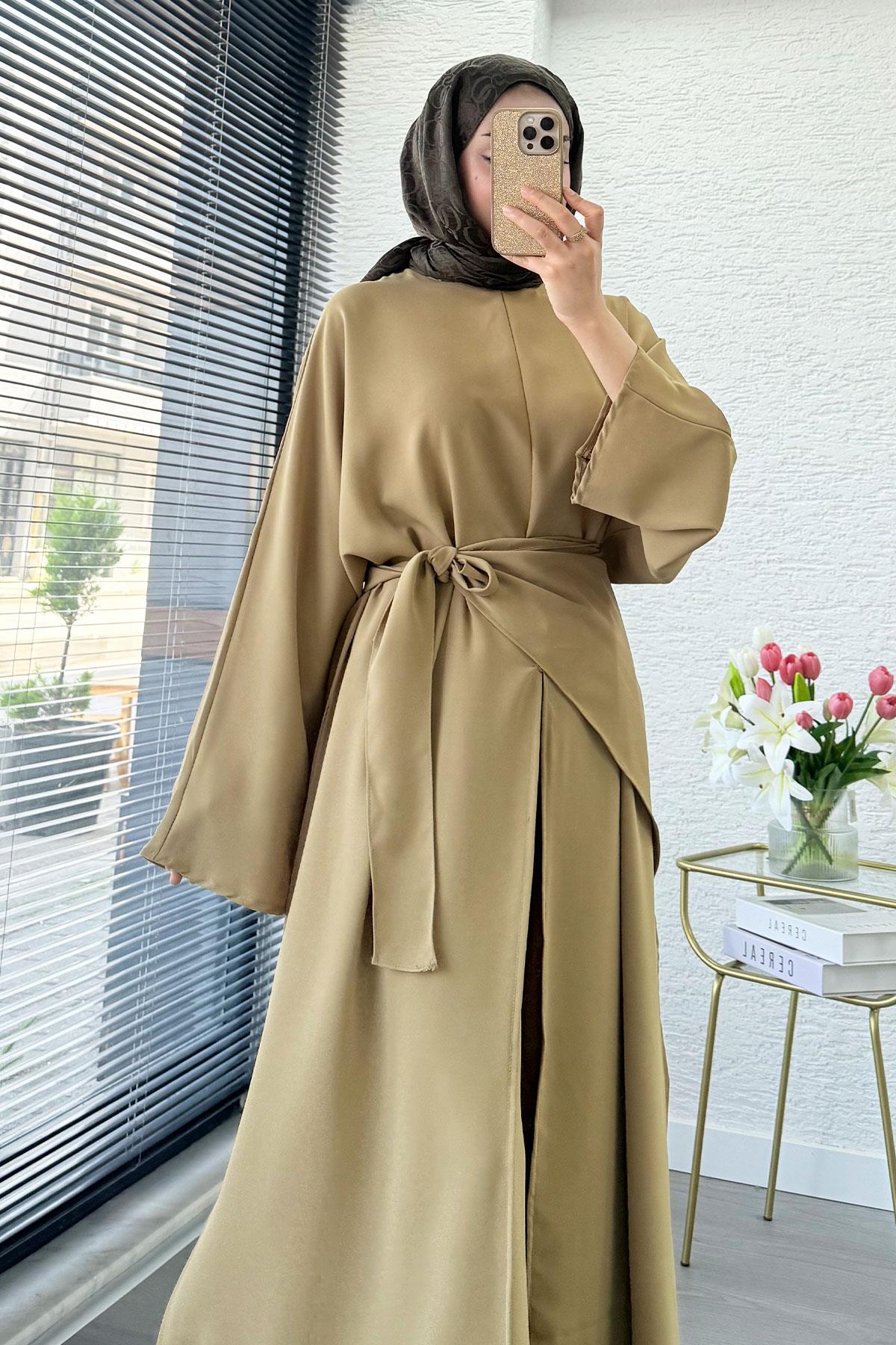 Premium Miel Yırtmaçlı Üçlü Takım – Olive