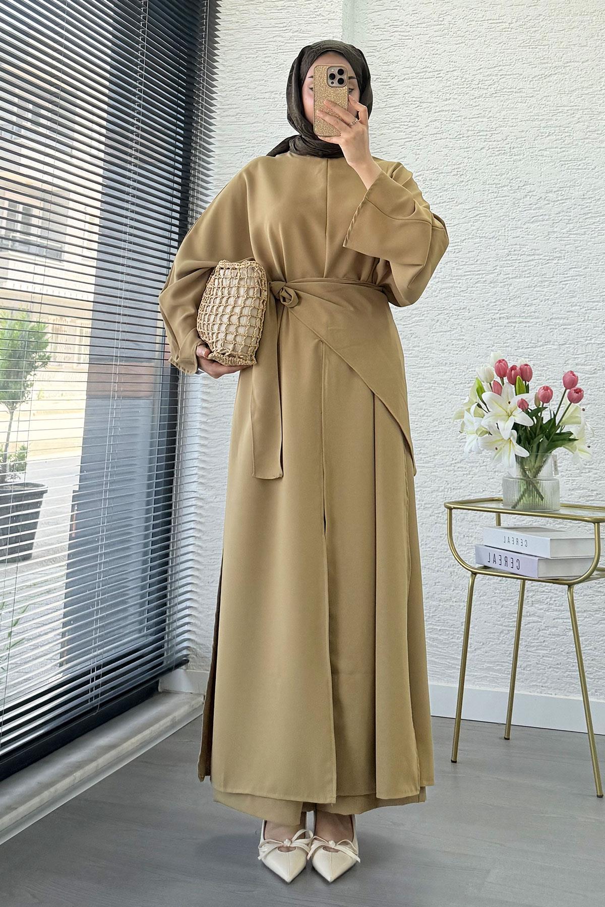 Premium Miel Yırtmaçlı Üçlü Takım – Olive