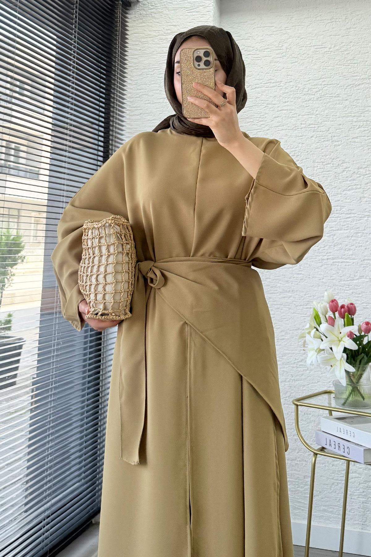 Premium Miel Yırtmaçlı Üçlü Takım – Olive
