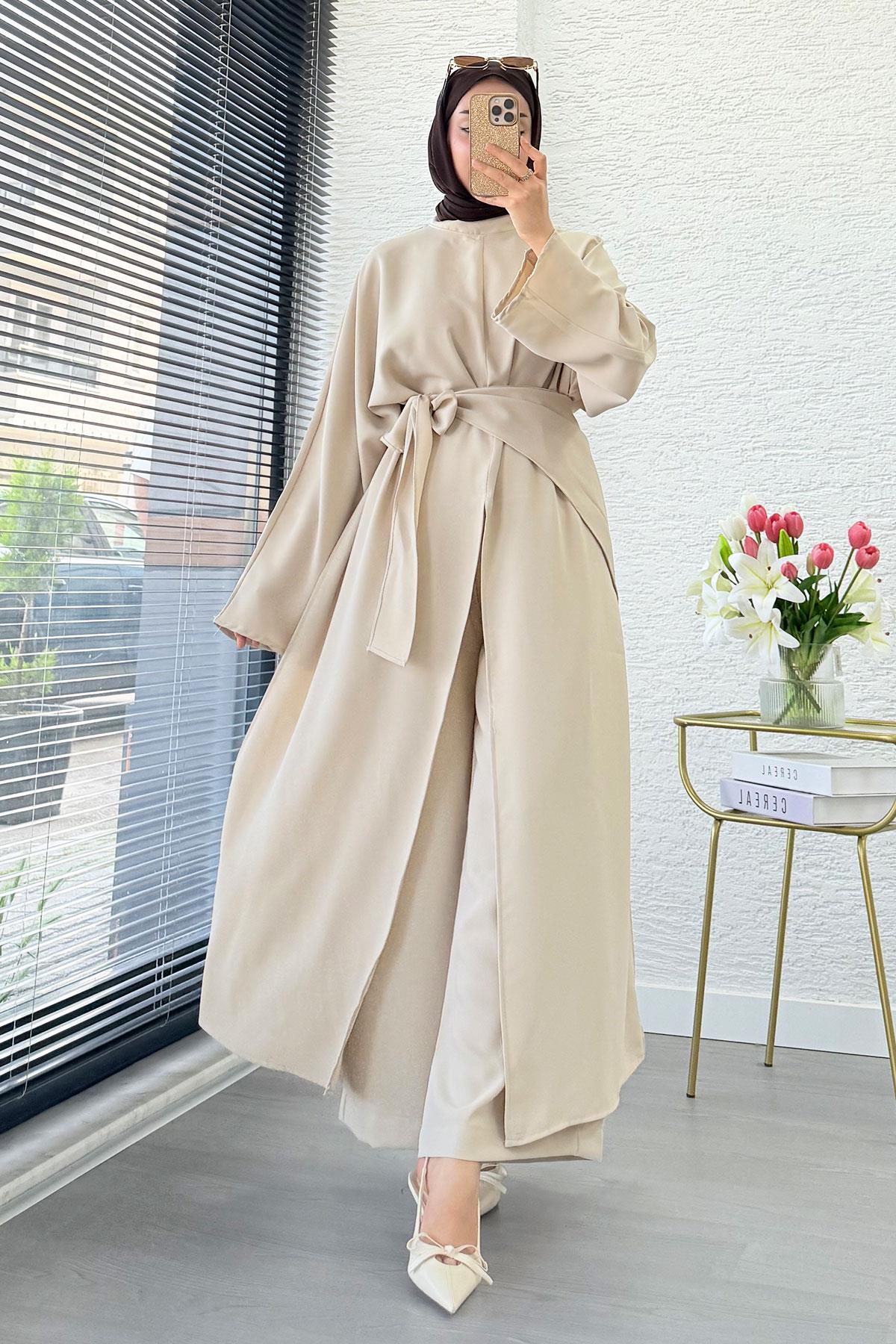 Premium Miel Yırtmaçlı Üçlü Takım – Taş