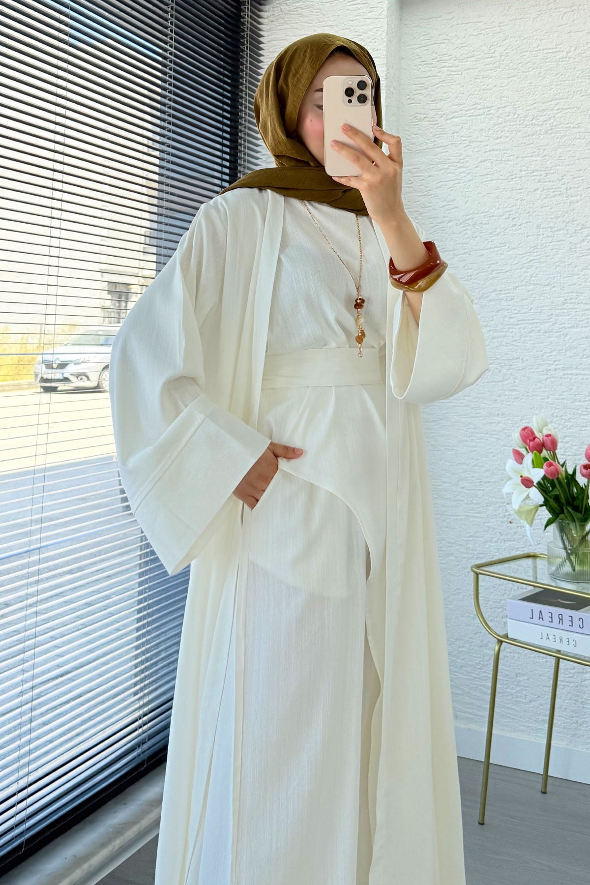 Premium Miena Keten Üçlü Abaya Takım - Beyaz