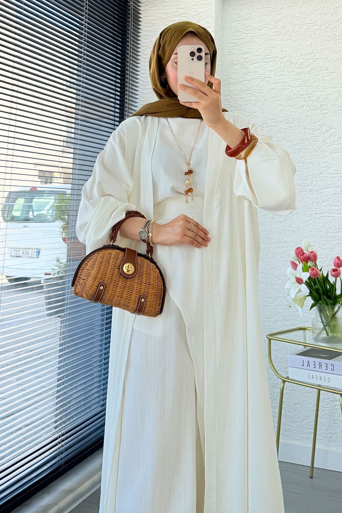 Premium Miena Keten Üçlü Abaya Takım - Beyaz