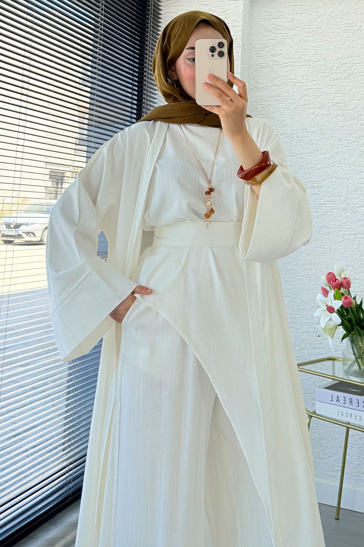 Premium Miena Keten Üçlü Abaya Takım - Beyaz