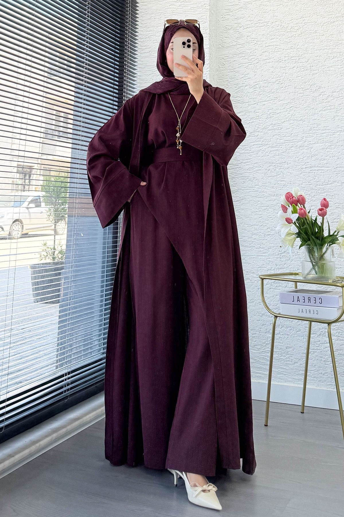 Premium Miena Keten Üçlü Abaya Takım - Bordo
