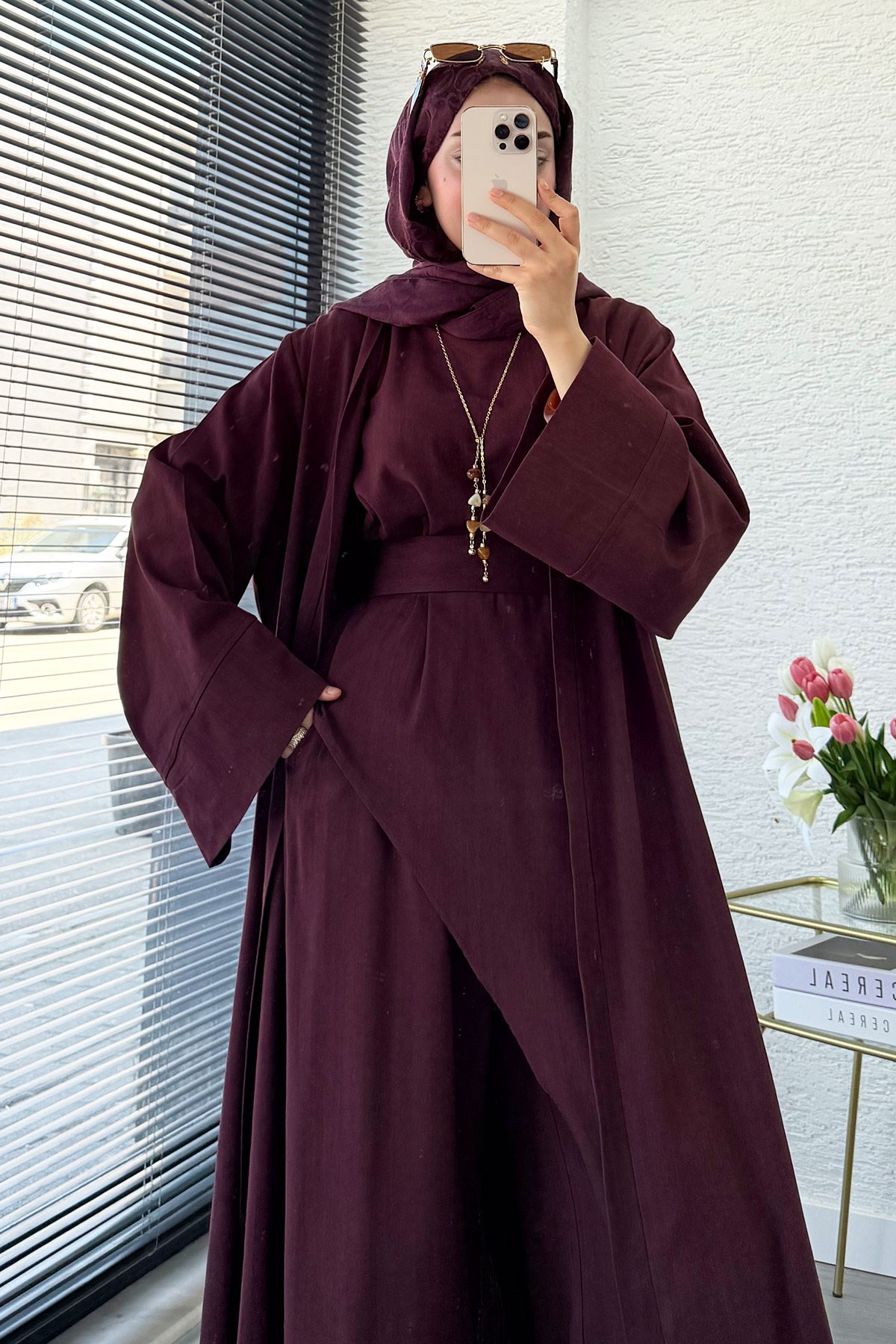 Premium Miena Keten Üçlü Abaya Takım - Bordo