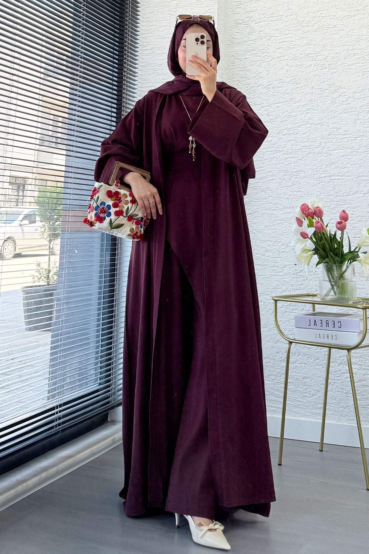 Premium Miena Keten Üçlü Abaya Takım - Bordo