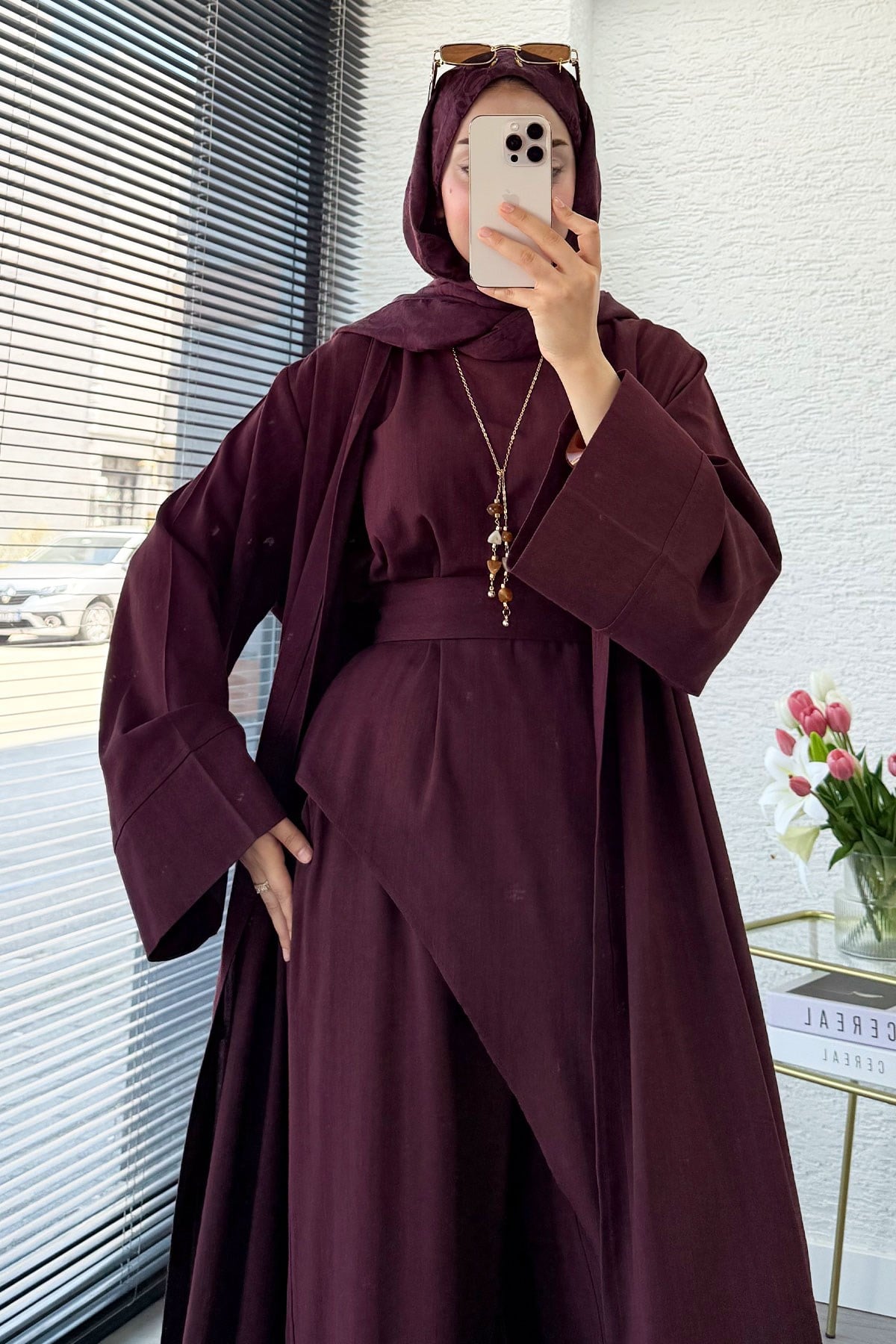Premium Miena Keten Üçlü Abaya Takım - Bordo