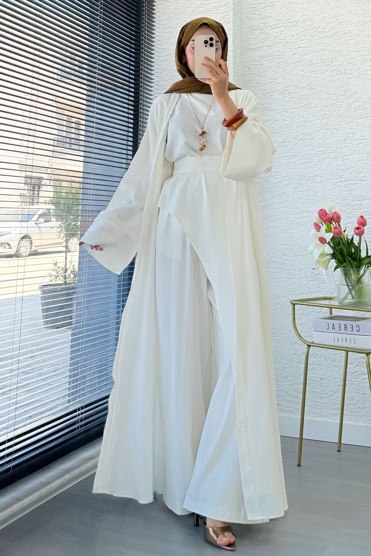 Premium Miena Keten Üçlü Abaya Takım - Beyaz