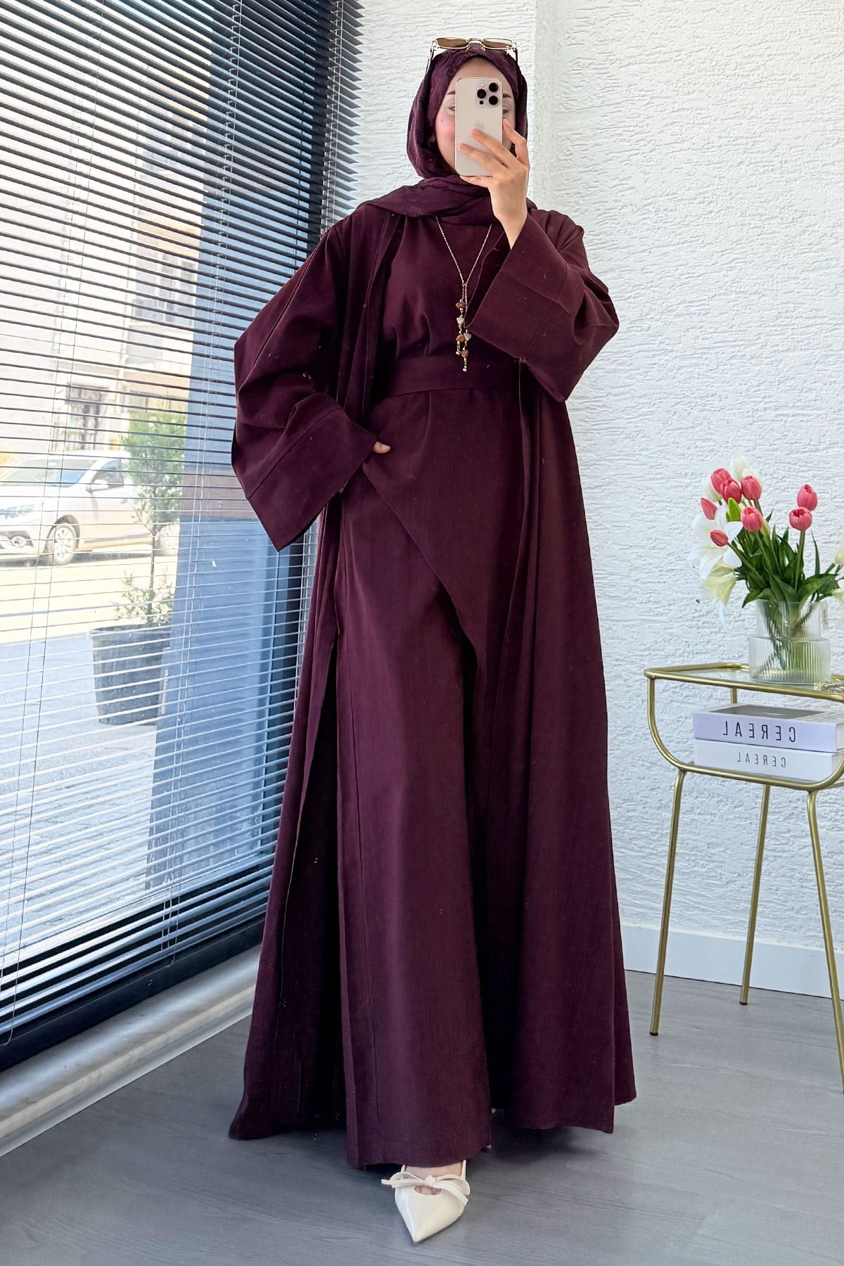Premium Miena Keten Üçlü Abaya Takım - Bordo