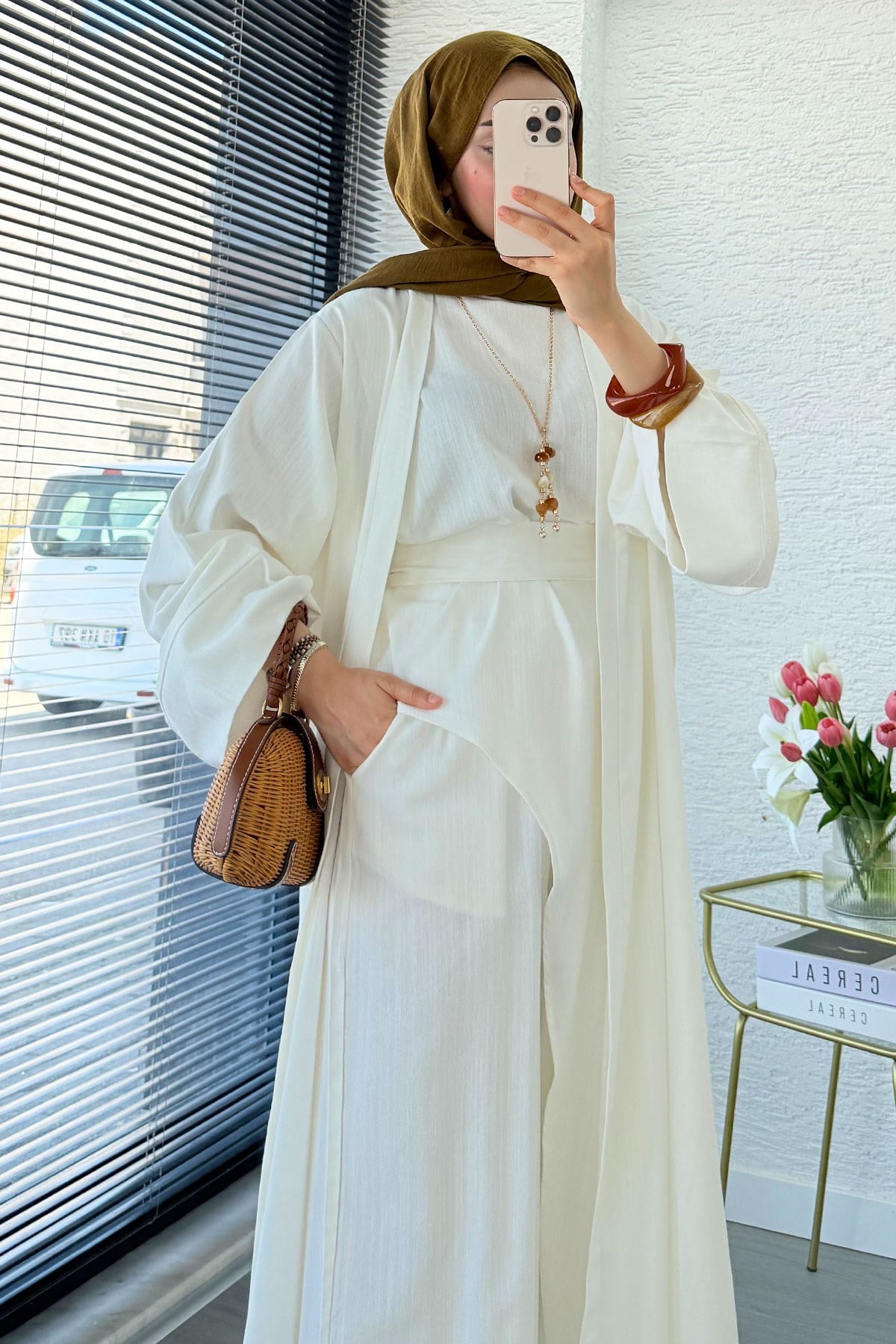 Premium Miena Keten Üçlü Abaya Takım - Beyaz