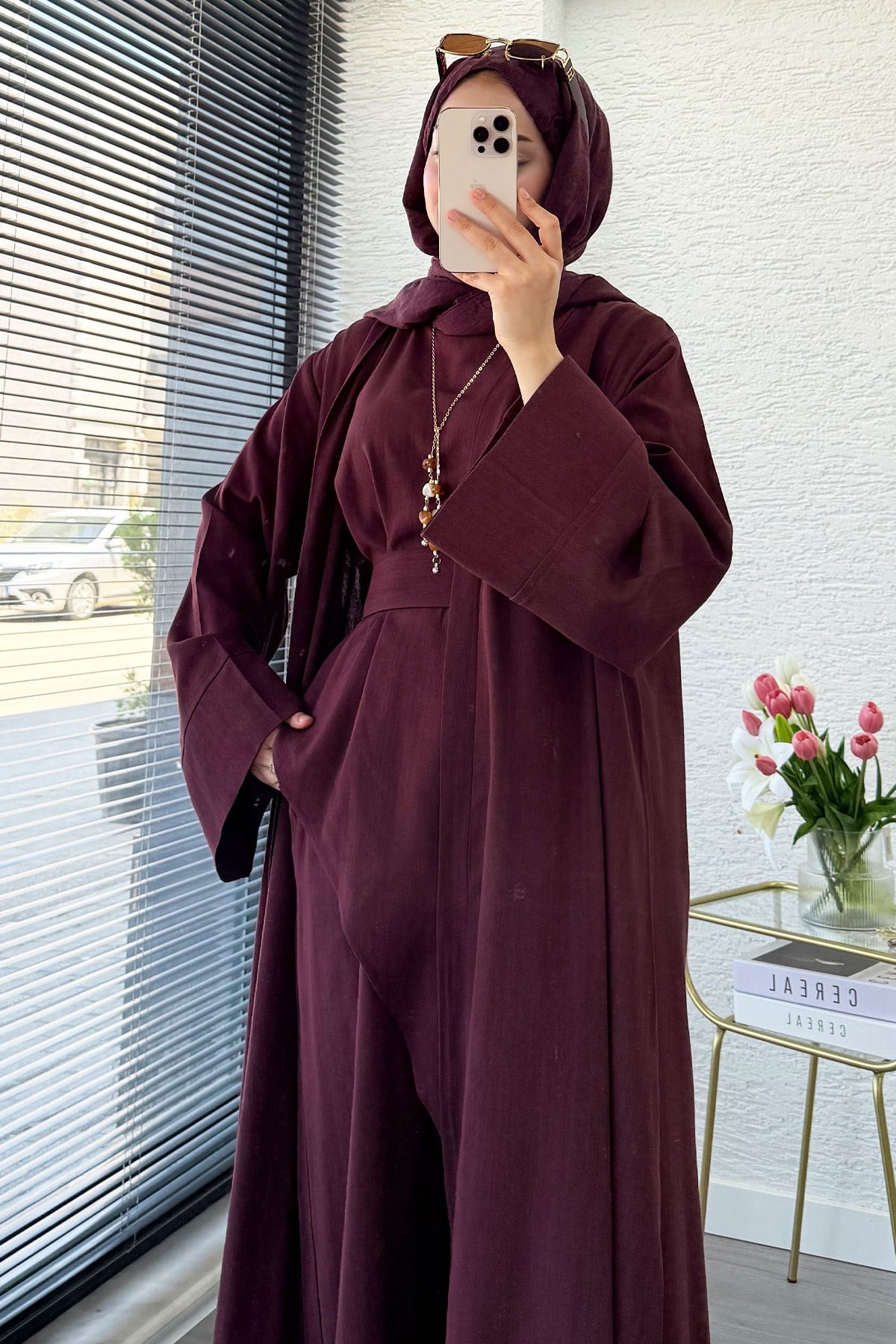 Premium Miena Keten Üçlü Abaya Takım - Bordo