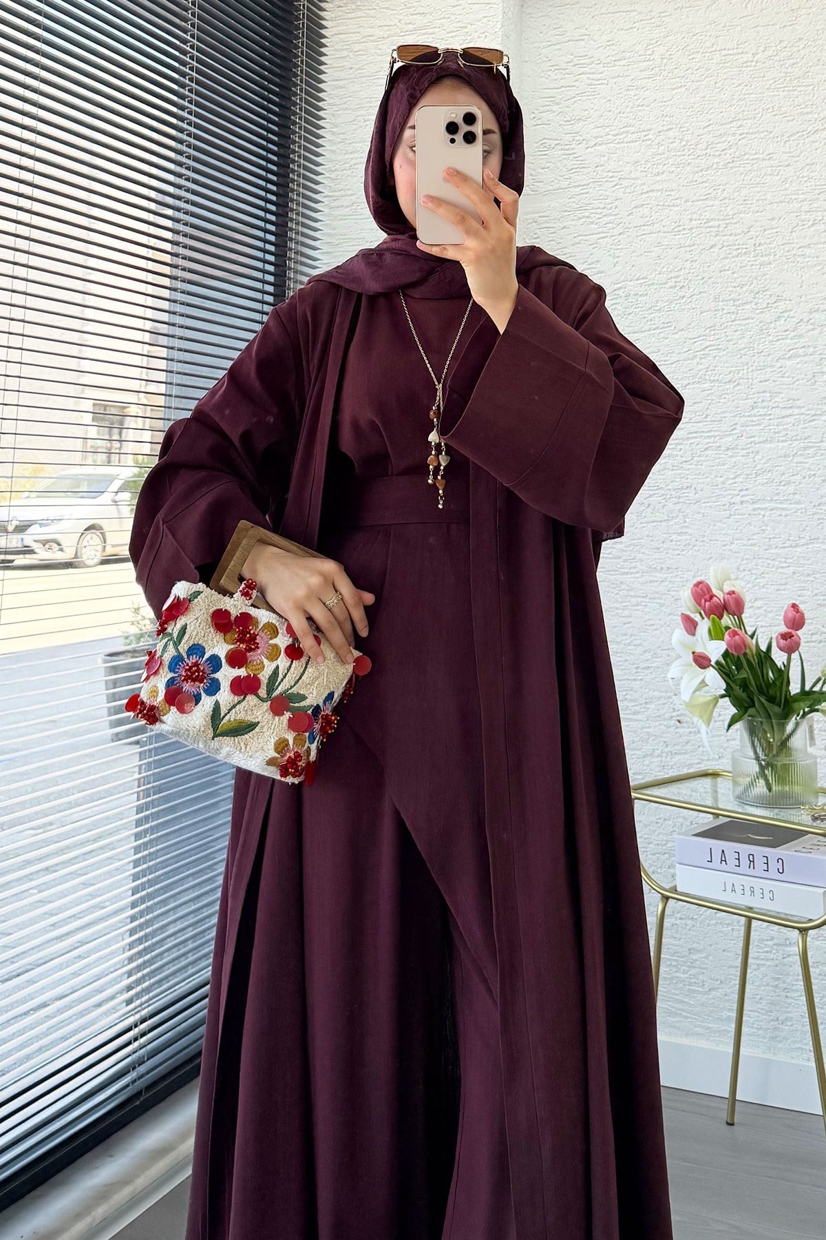 Premium Miena Keten Üçlü Abaya Takım - Bordo