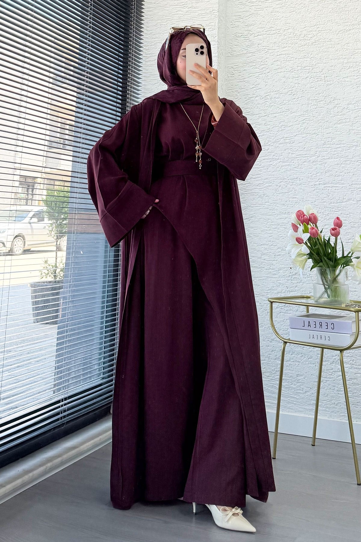 Premium Miena Keten Üçlü Abaya Takım - Bordo