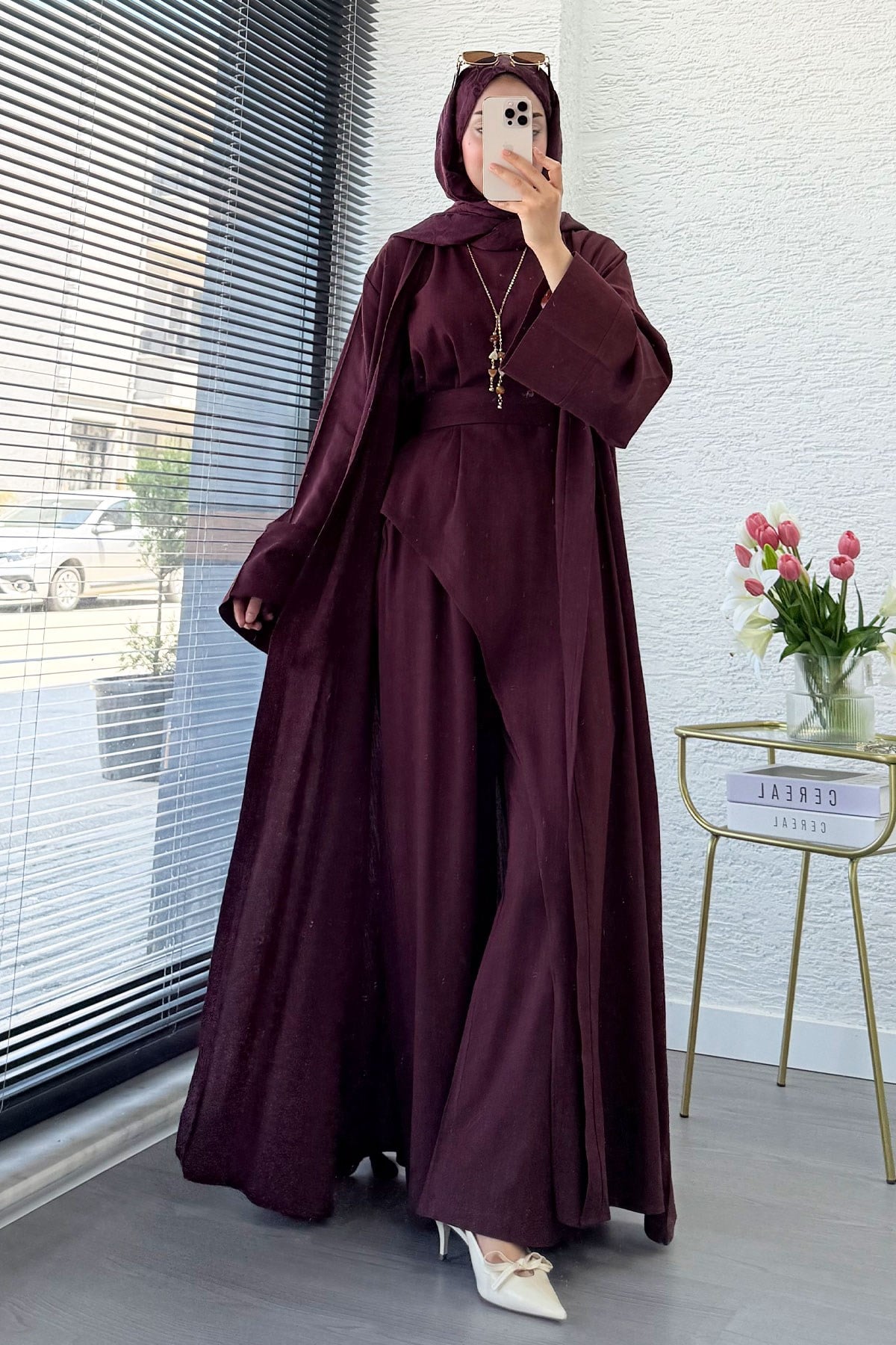 Premium Miena Keten Üçlü Abaya Takım - Bordo