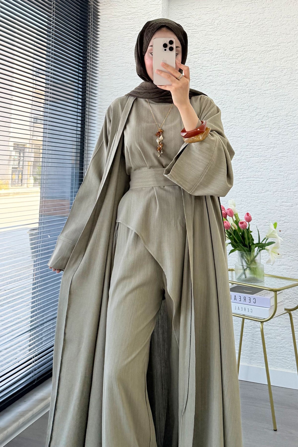 Premium Miena Keten Üçlü Abaya Takım - Haki