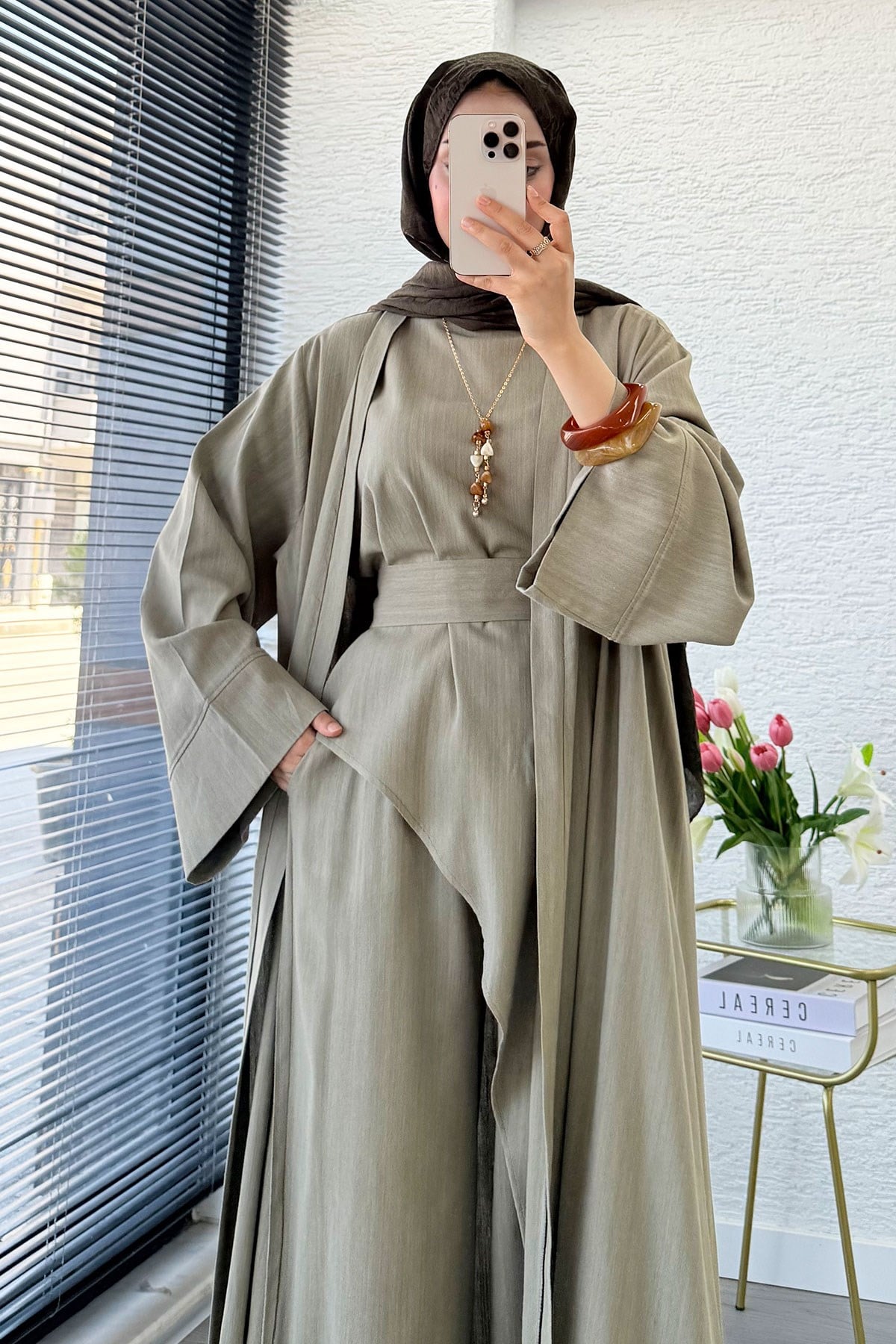Premium Miena Keten Üçlü Abaya Takım - Haki