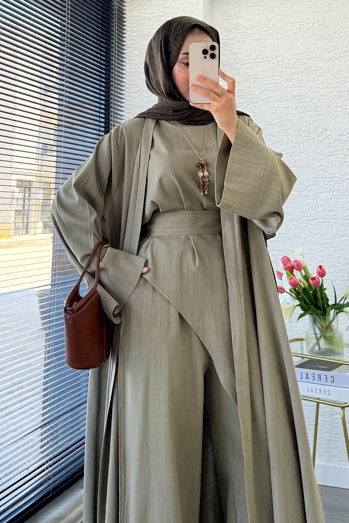 Premium Miena Keten Üçlü Abaya Takım - Haki