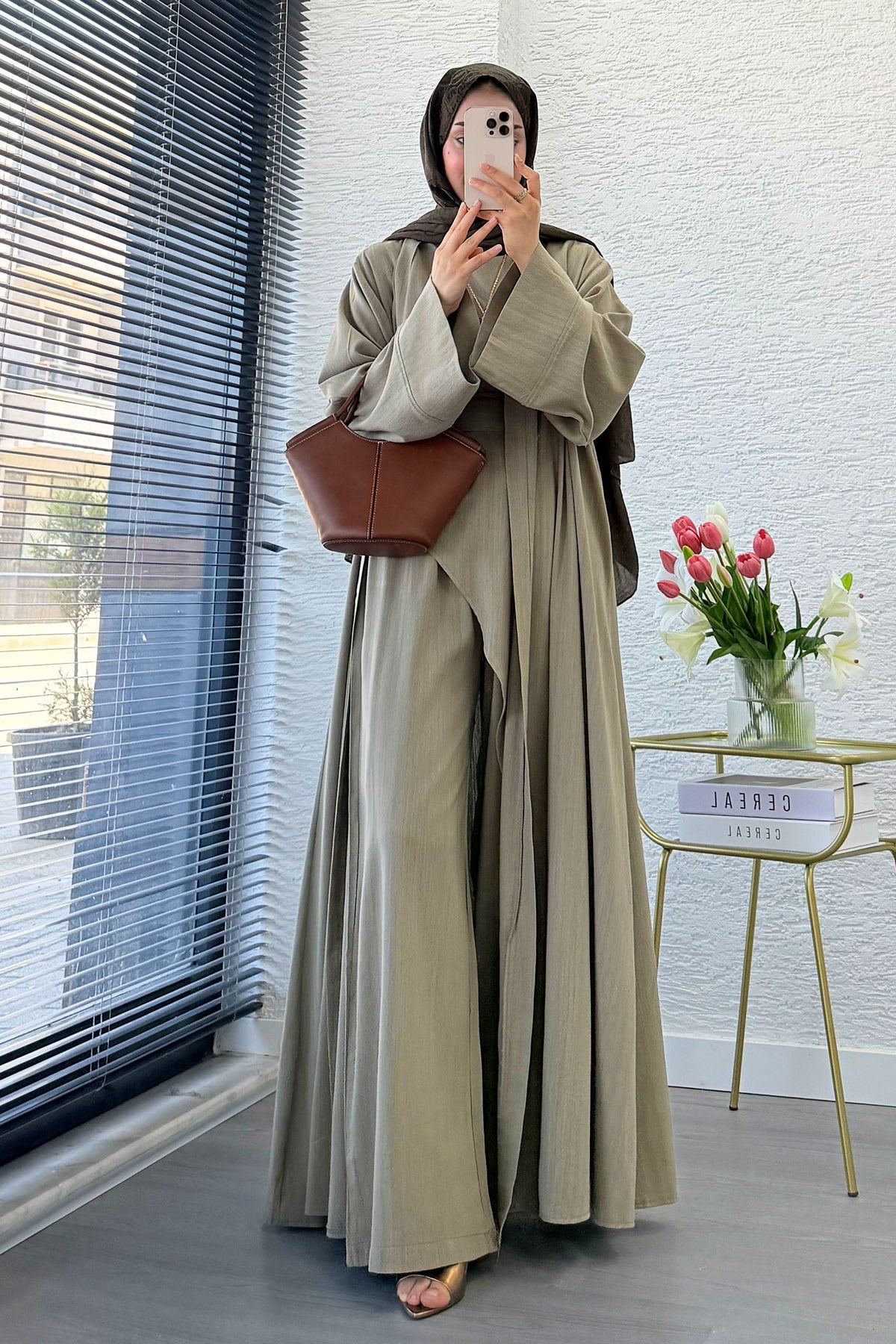 Premium Miena Keten Üçlü Abaya Takım - Haki