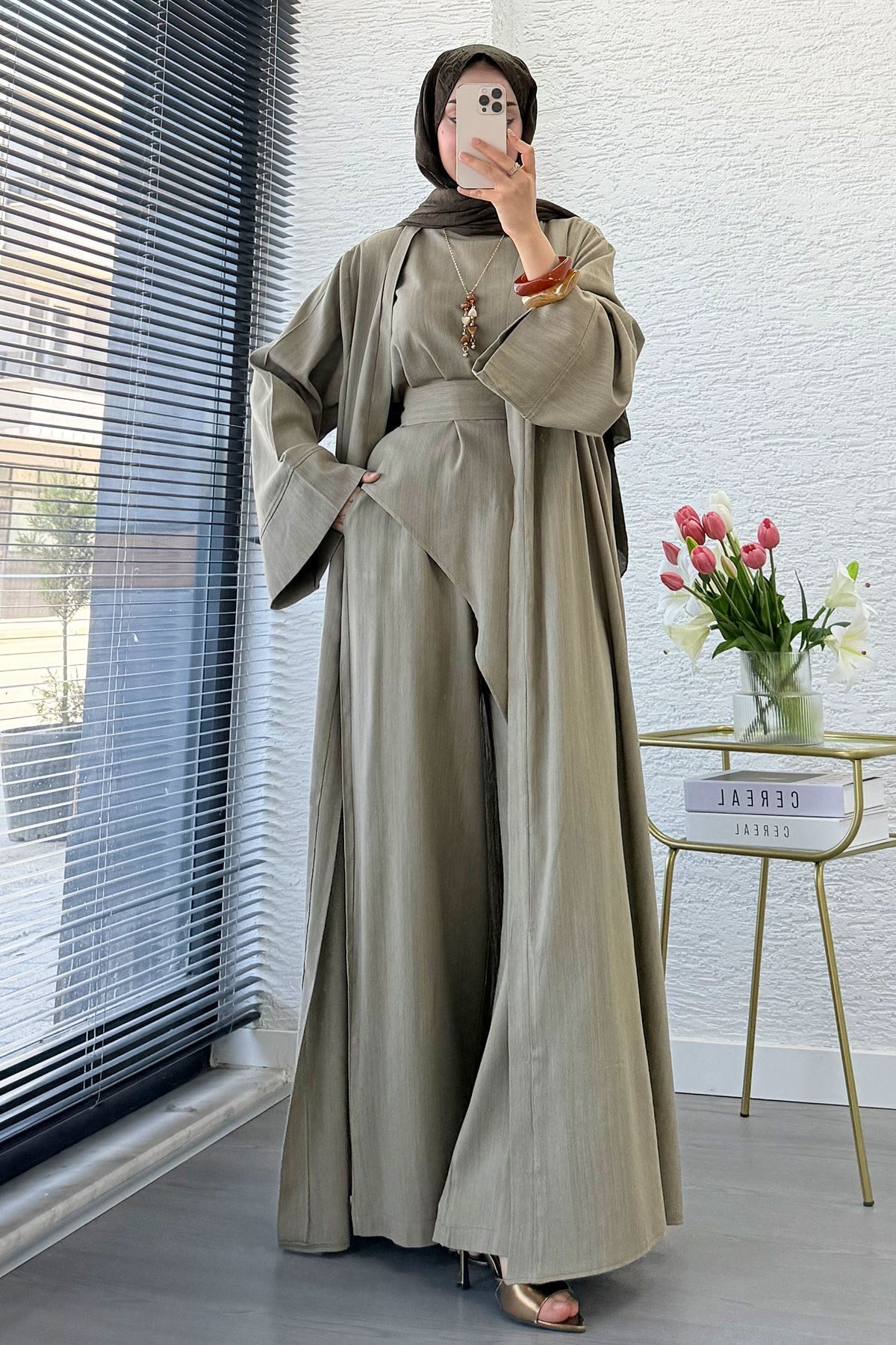 Premium Miena Keten Üçlü Abaya Takım - Haki