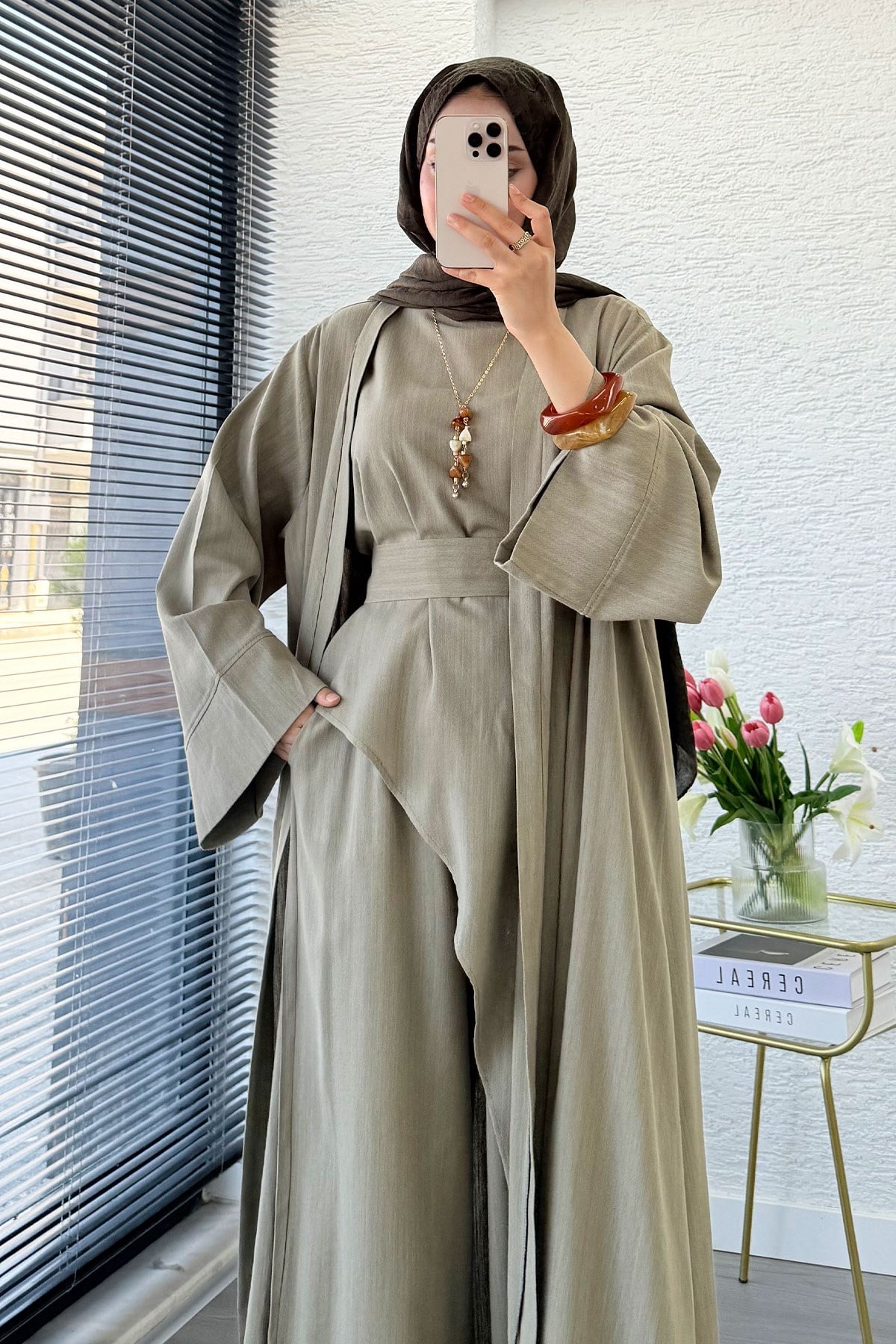 Premium Miena Keten Üçlü Abaya Takım - Haki