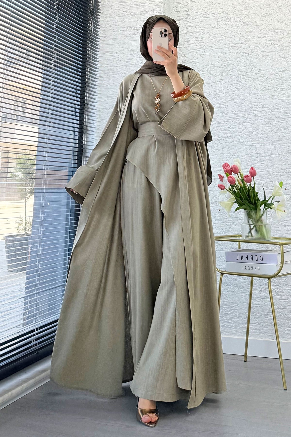 Premium Miena Keten Üçlü Abaya Takım - Haki