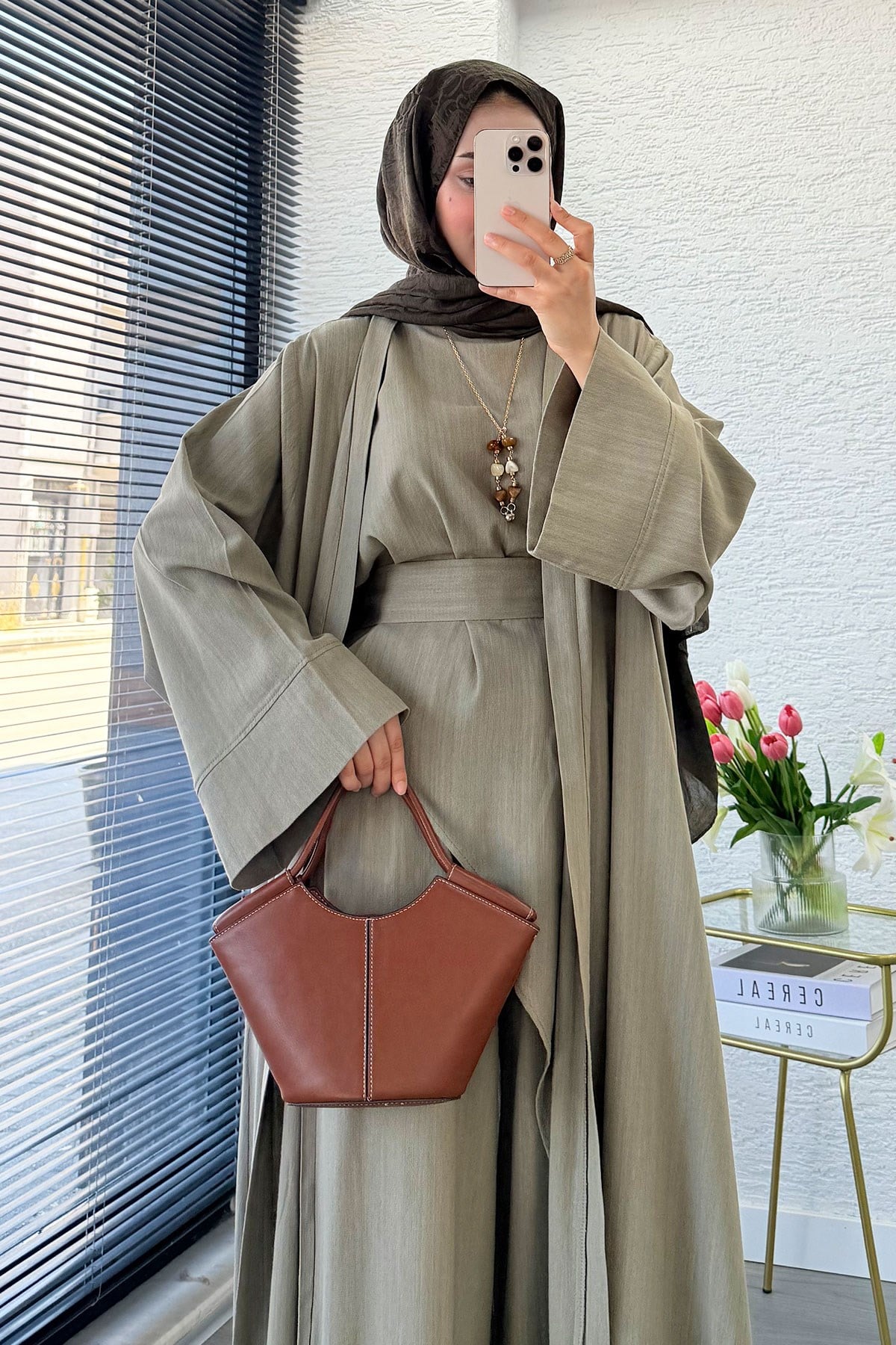 Premium Miena Keten Üçlü Abaya Takım - Haki