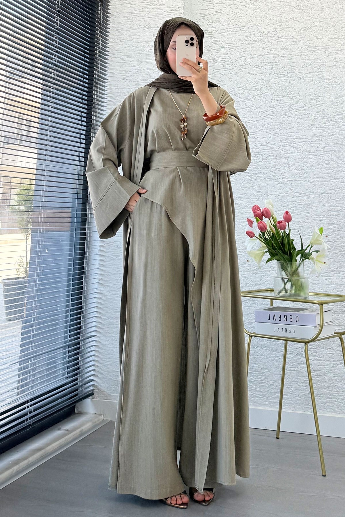 Premium Miena Keten Üçlü Abaya Takım - Haki