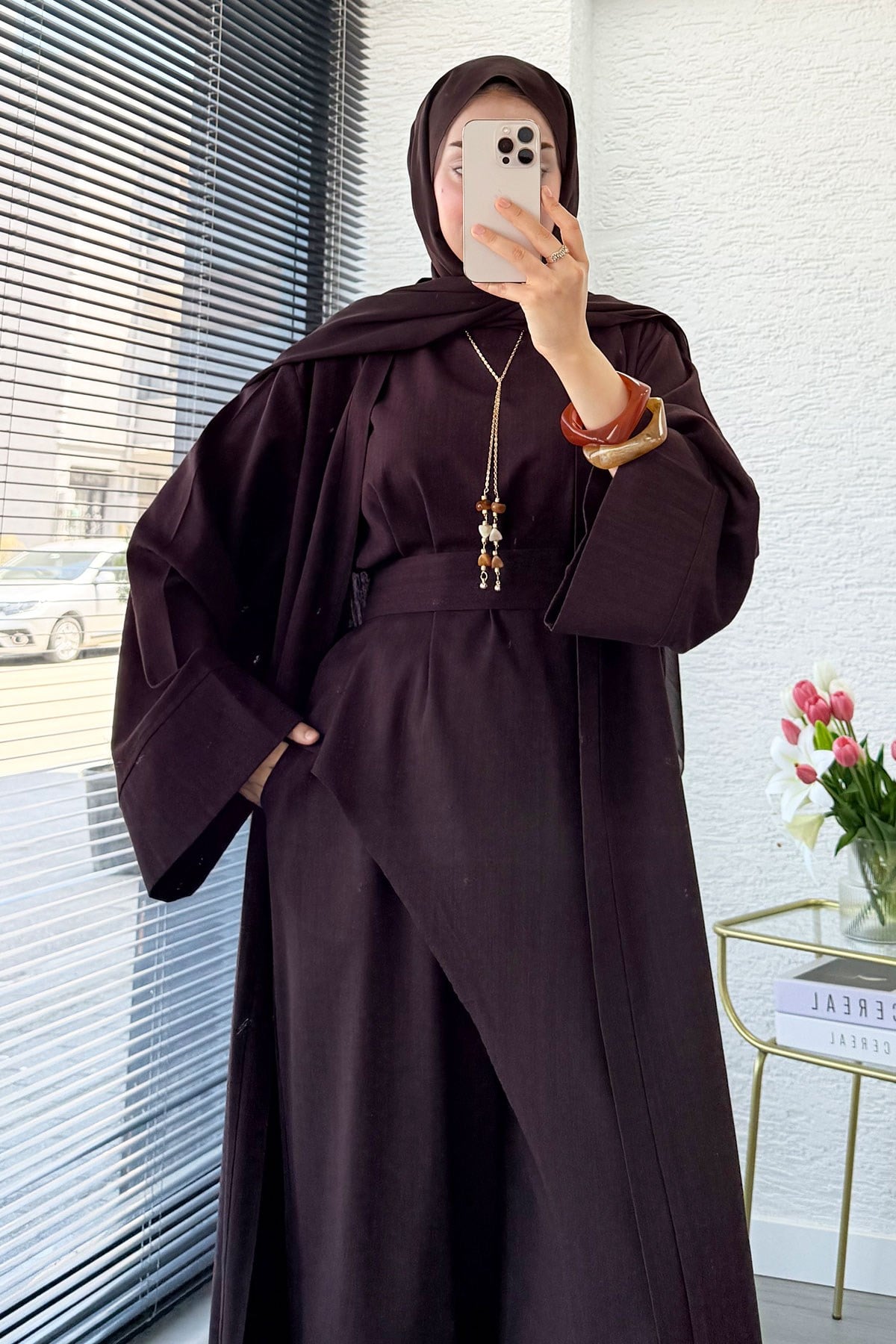 Premium Miena Keten Üçlü Abaya Takım - Kahverengi