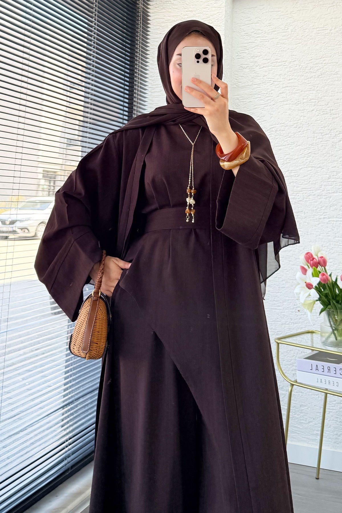 Premium Miena Keten Üçlü Abaya Takım - Kahverengi