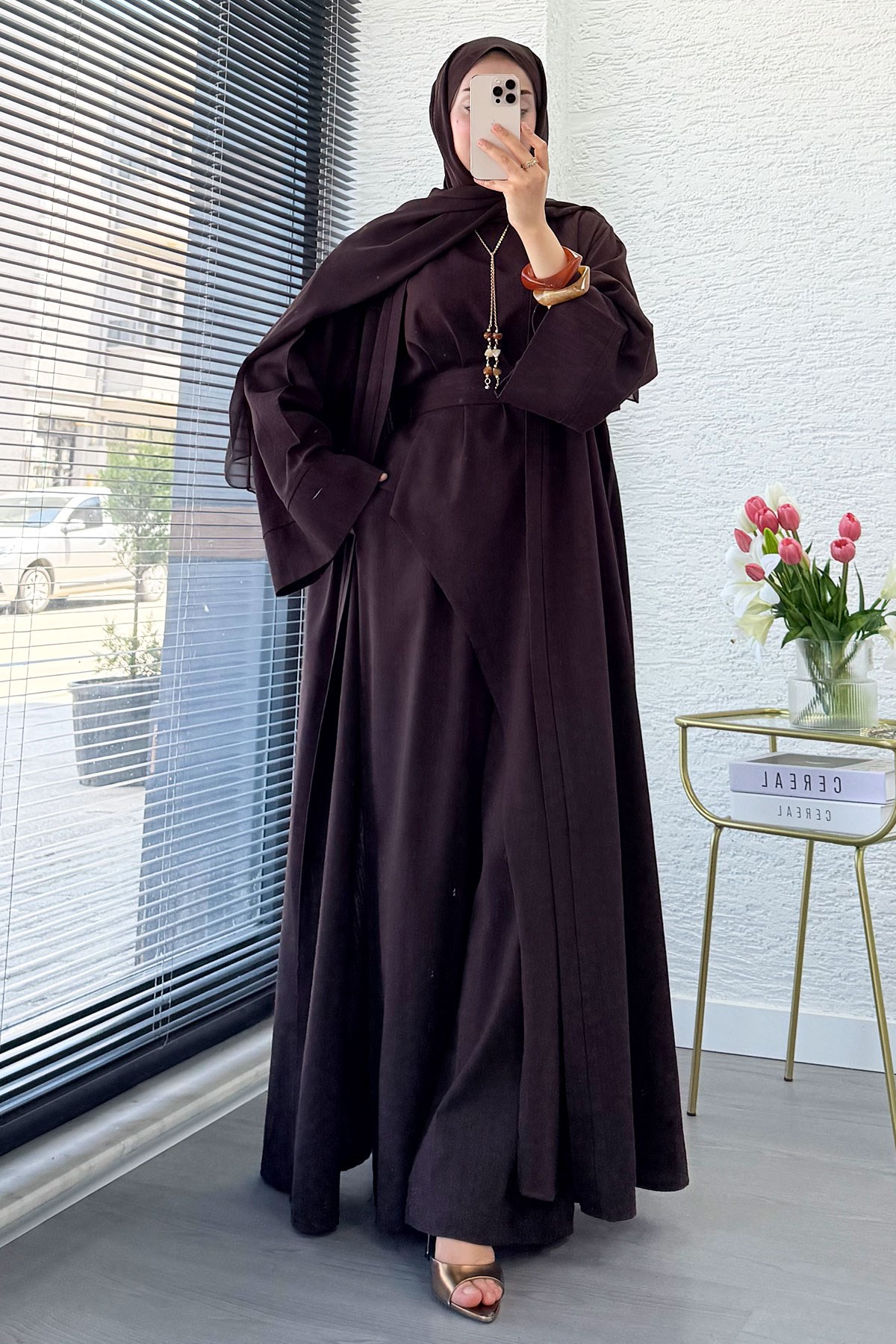 Premium Miena Keten Üçlü Abaya Takım - Kahverengi